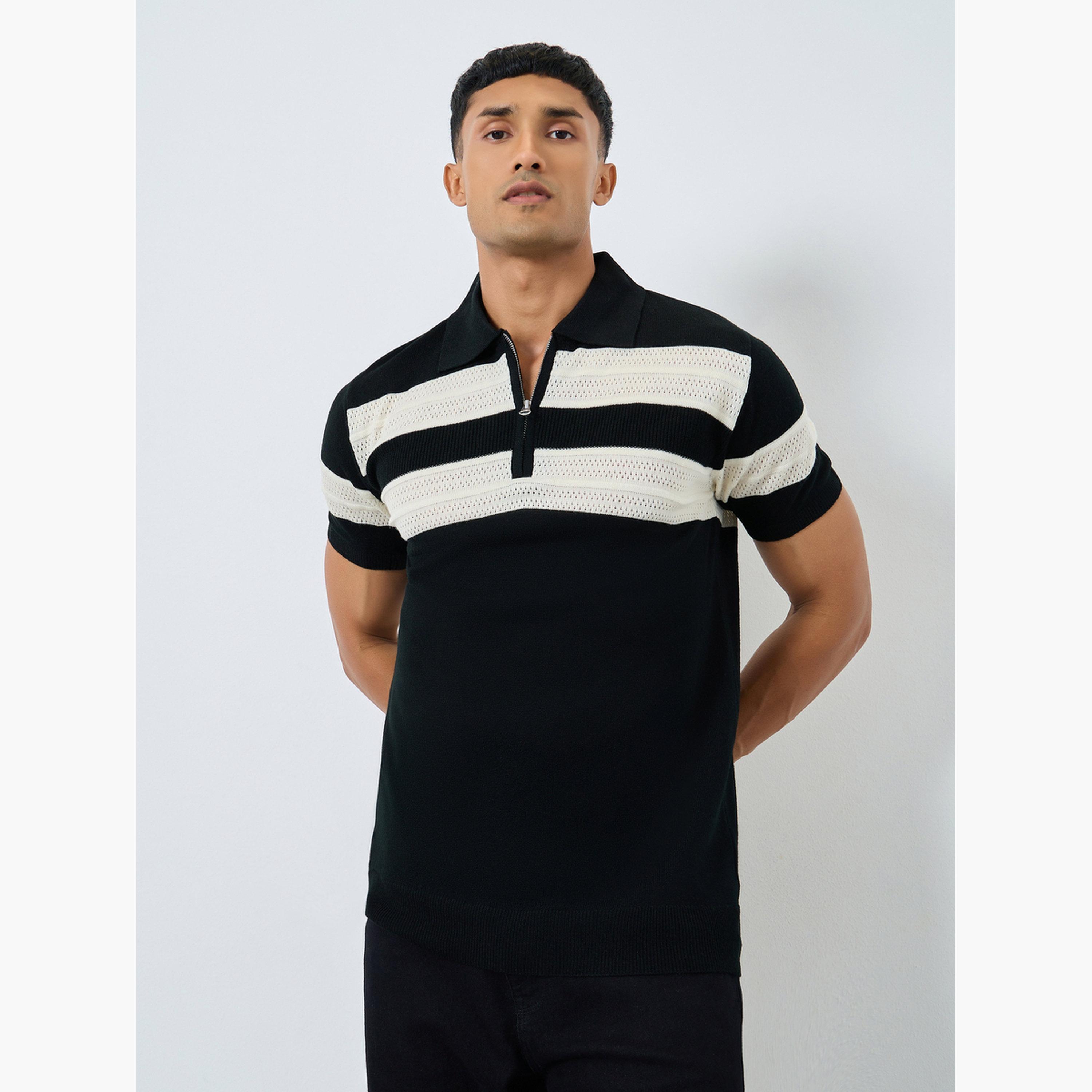 Styli Men Black Striped Knit Polo Shirt-men-clothing-tshirtsandpolos-polos-image-1