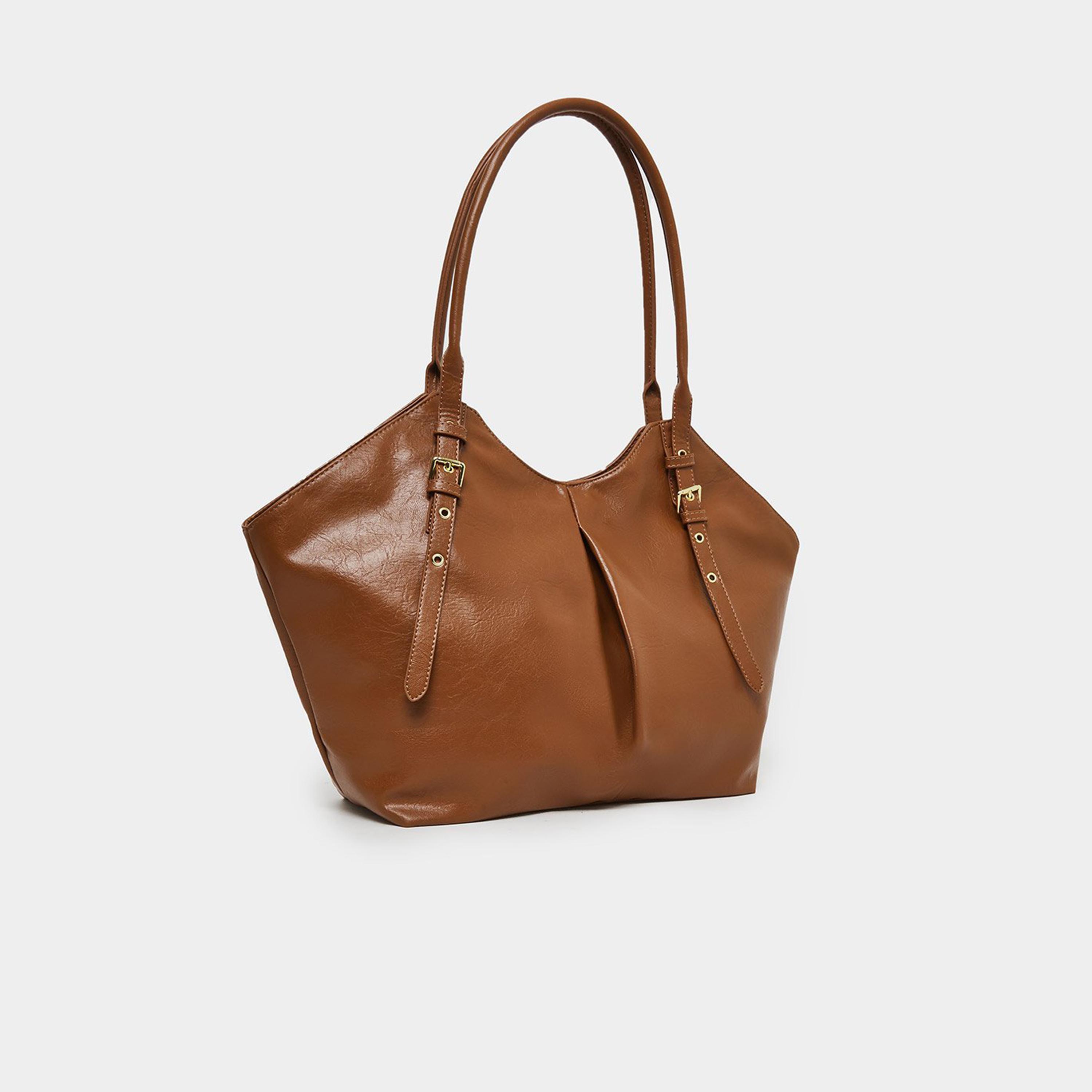 ستايلي - شنطة توت للنساء بنية اللون بتفاصيل مطوية-women-bagsandwallets-handbags-image-1