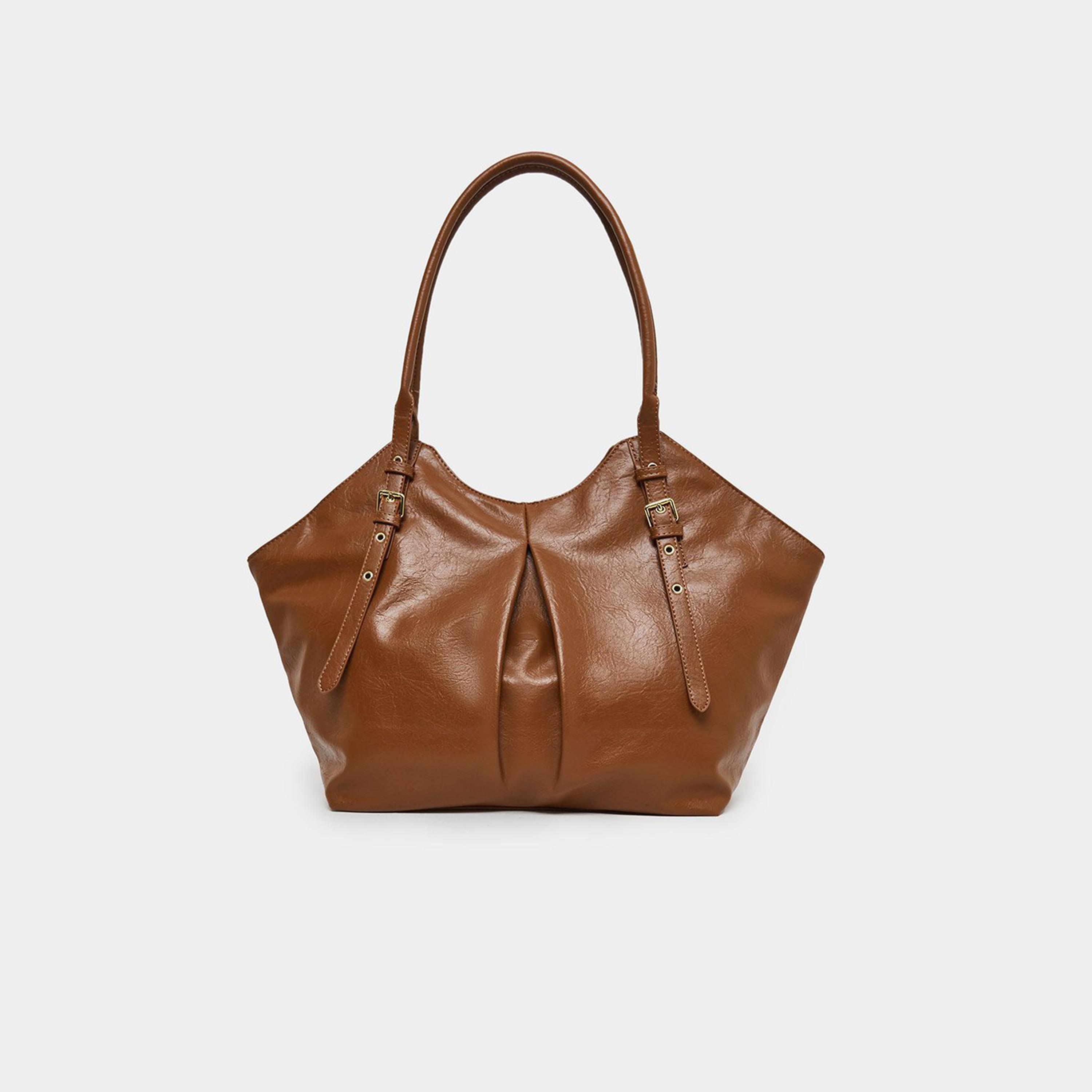 ستايلي - شنطة توت للنساء بنية اللون بتفاصيل مطوية-women-bagsandwallets-handbags-image-2