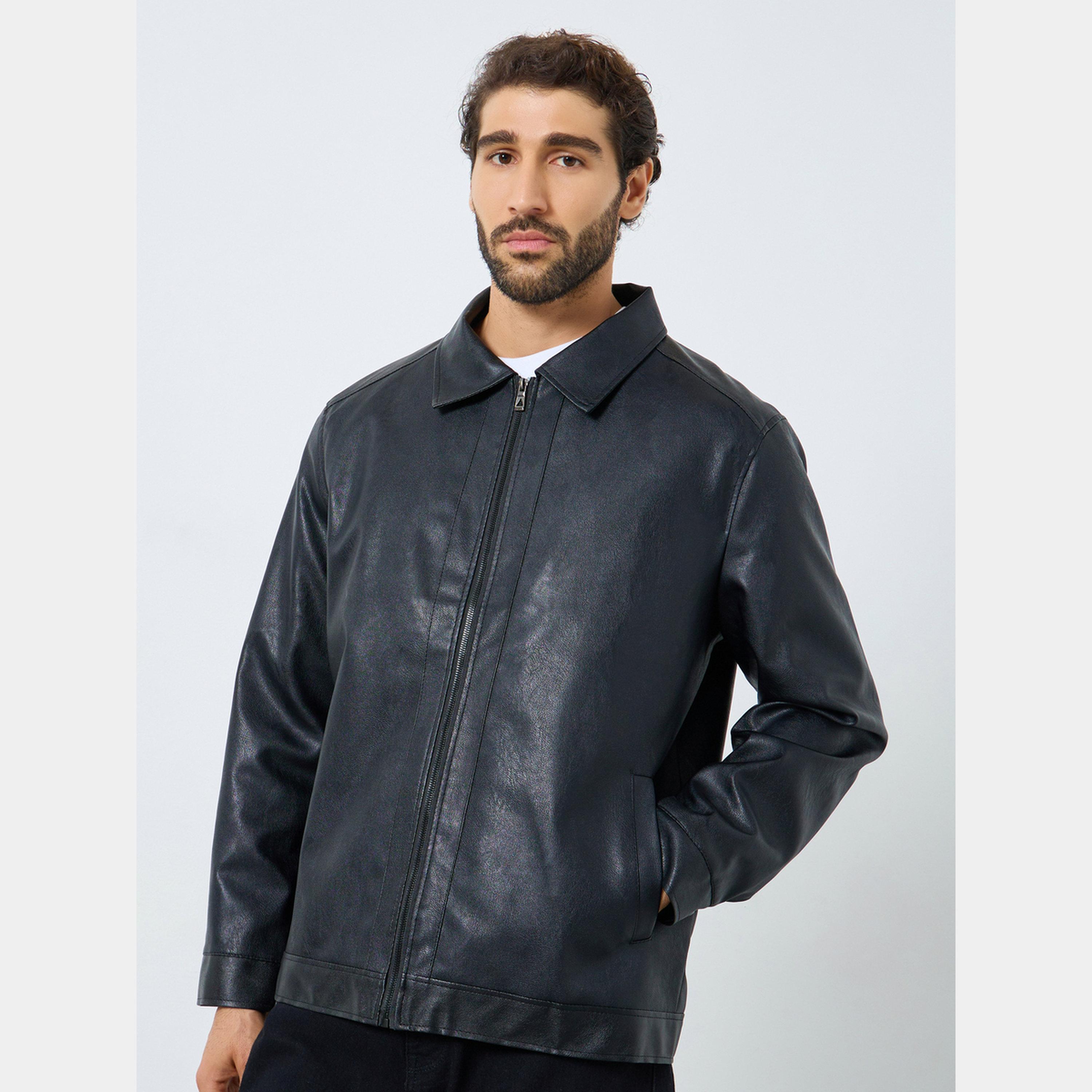 Styli Men Relaxed Fit Leather Look Jacket with Collar-men-clothing-jacketsandblazers-jackets-image-3