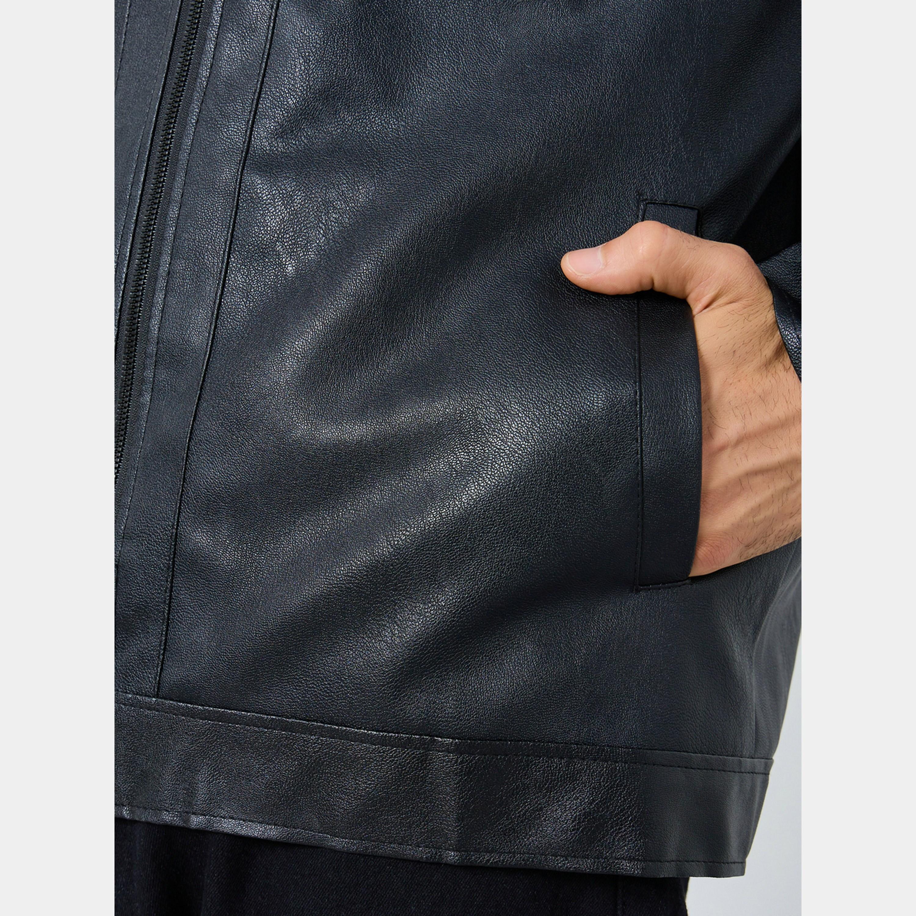 Styli Men Relaxed Fit Leather Look Jacket with Collar-men-clothing-jacketsandblazers-jackets-image-5