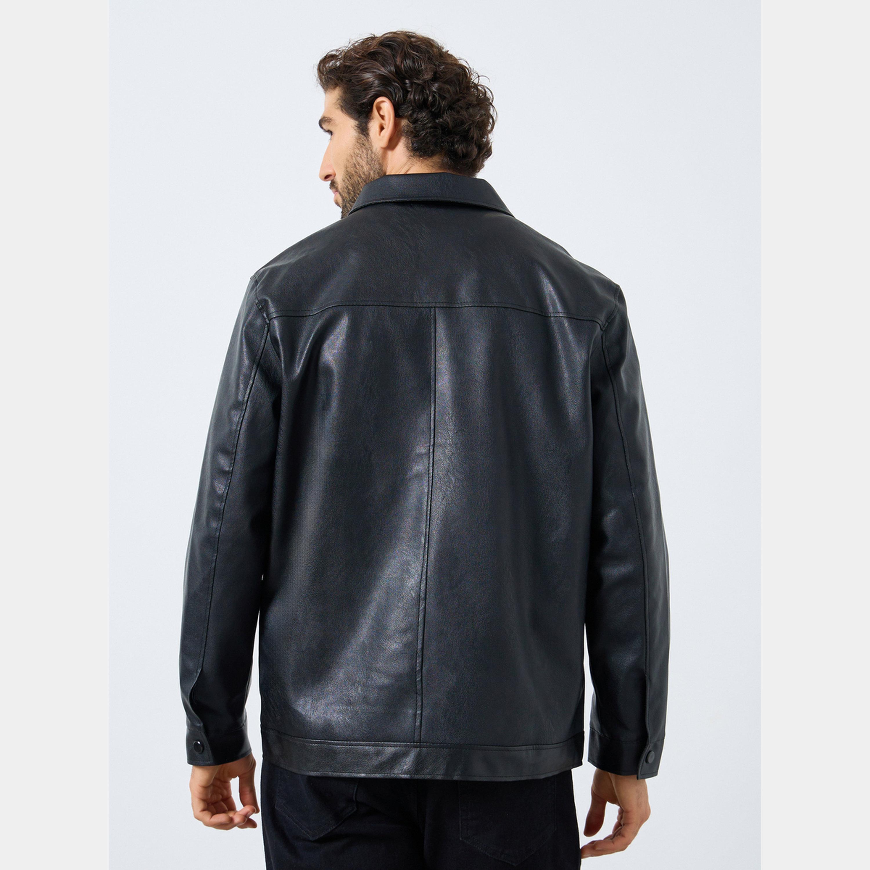 Styli Men Relaxed Fit Leather Look Jacket with Collar-men-clothing-jacketsandblazers-jackets-image-6