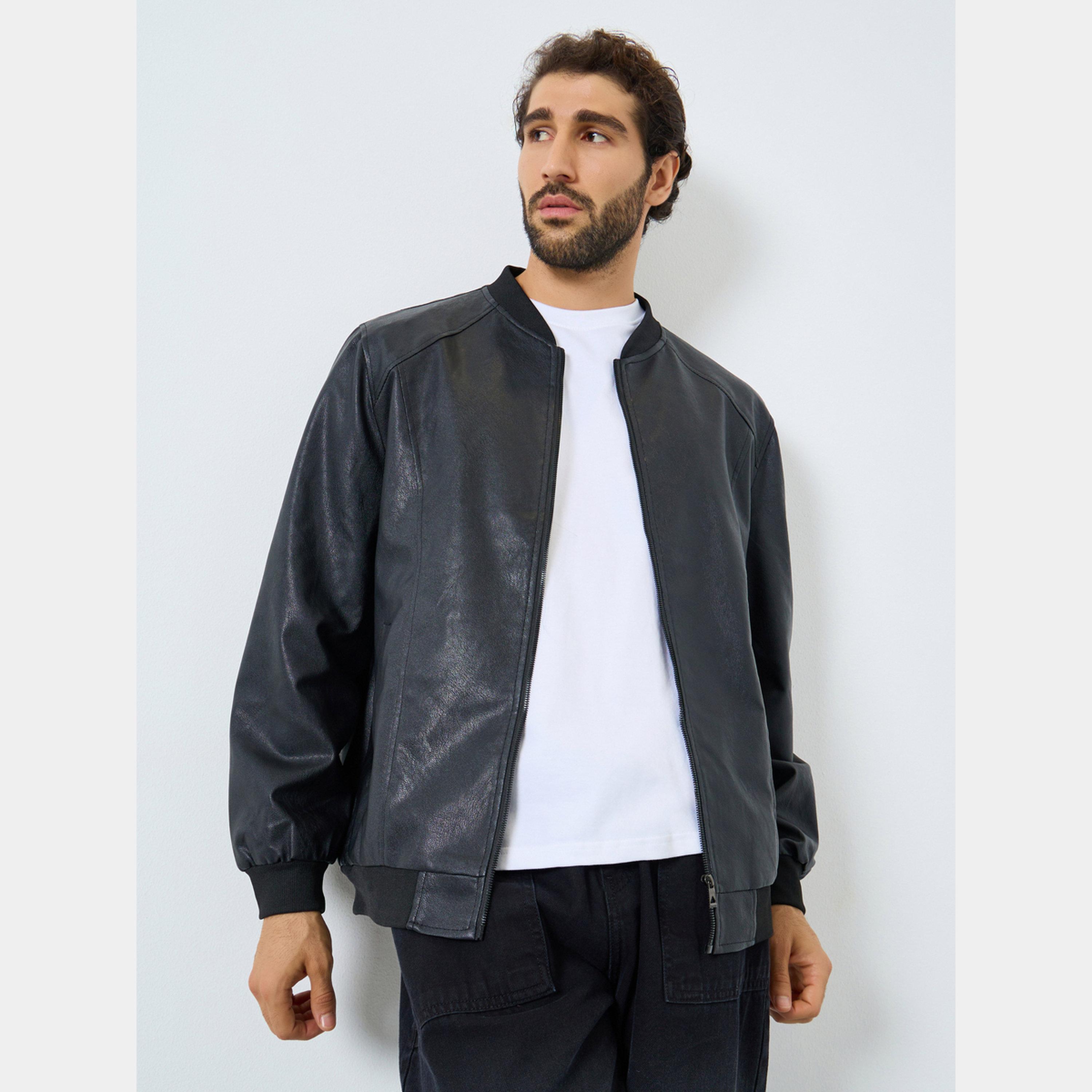 Styli Men Relaxed Fit Leather Look Jacket with Zip-men-clothing-jacketsandblazers-jackets-image-1
