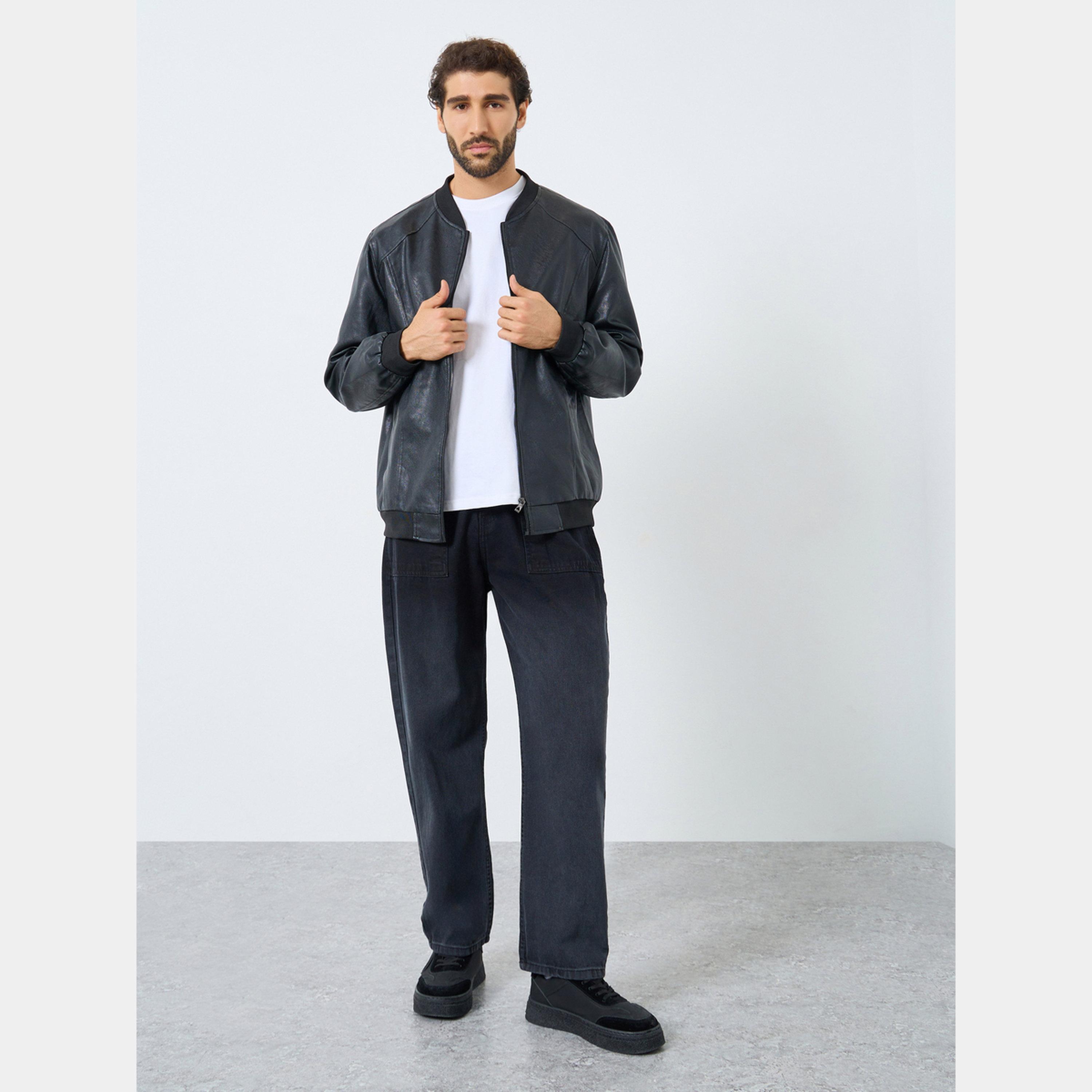 Styli Men Relaxed Fit Leather Look Jacket with Zip-men-clothing-jacketsandblazers-jackets-image-2