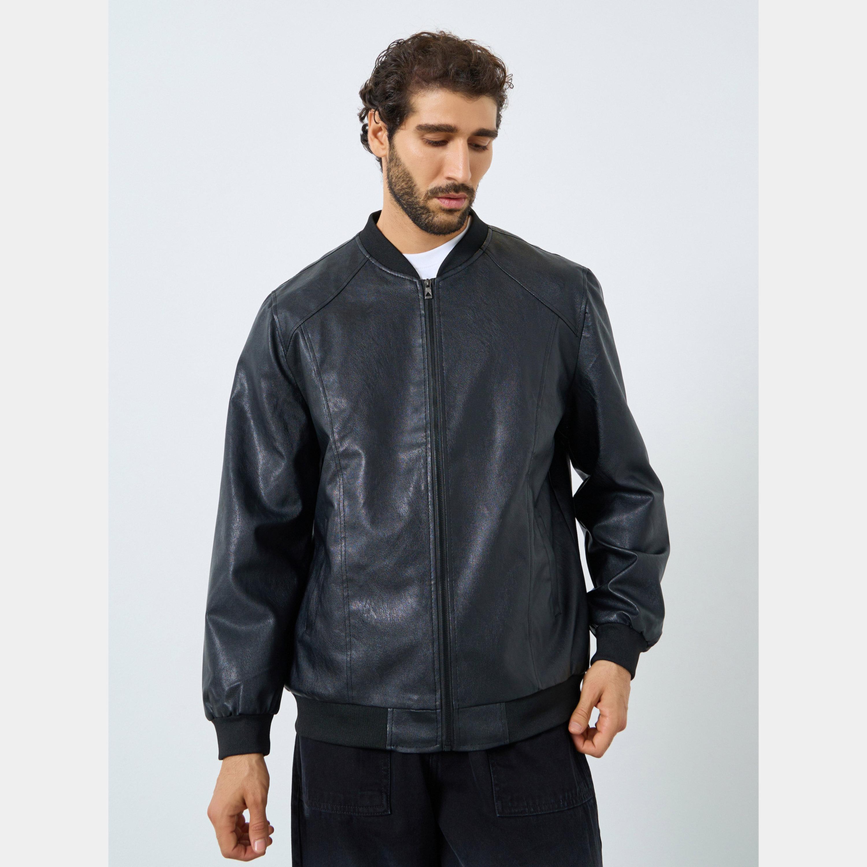 Styli Men Relaxed Fit Leather Look Jacket with Zip-men-clothing-jacketsandblazers-jackets-image-3