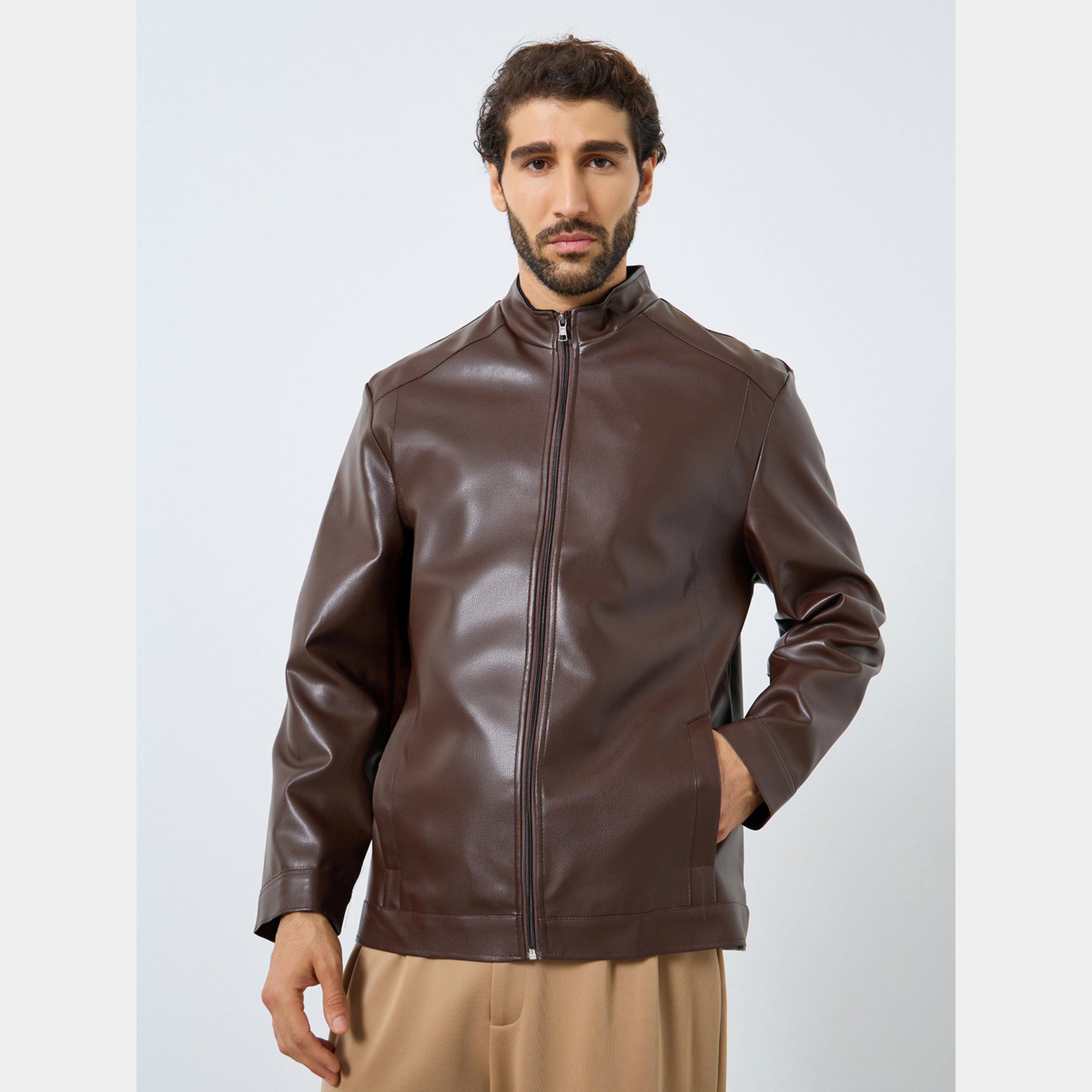 Styli Men Relaxed Fit Leather Look Jacket with Zip-men-clothing-jacketsandblazers-jackets-image-1