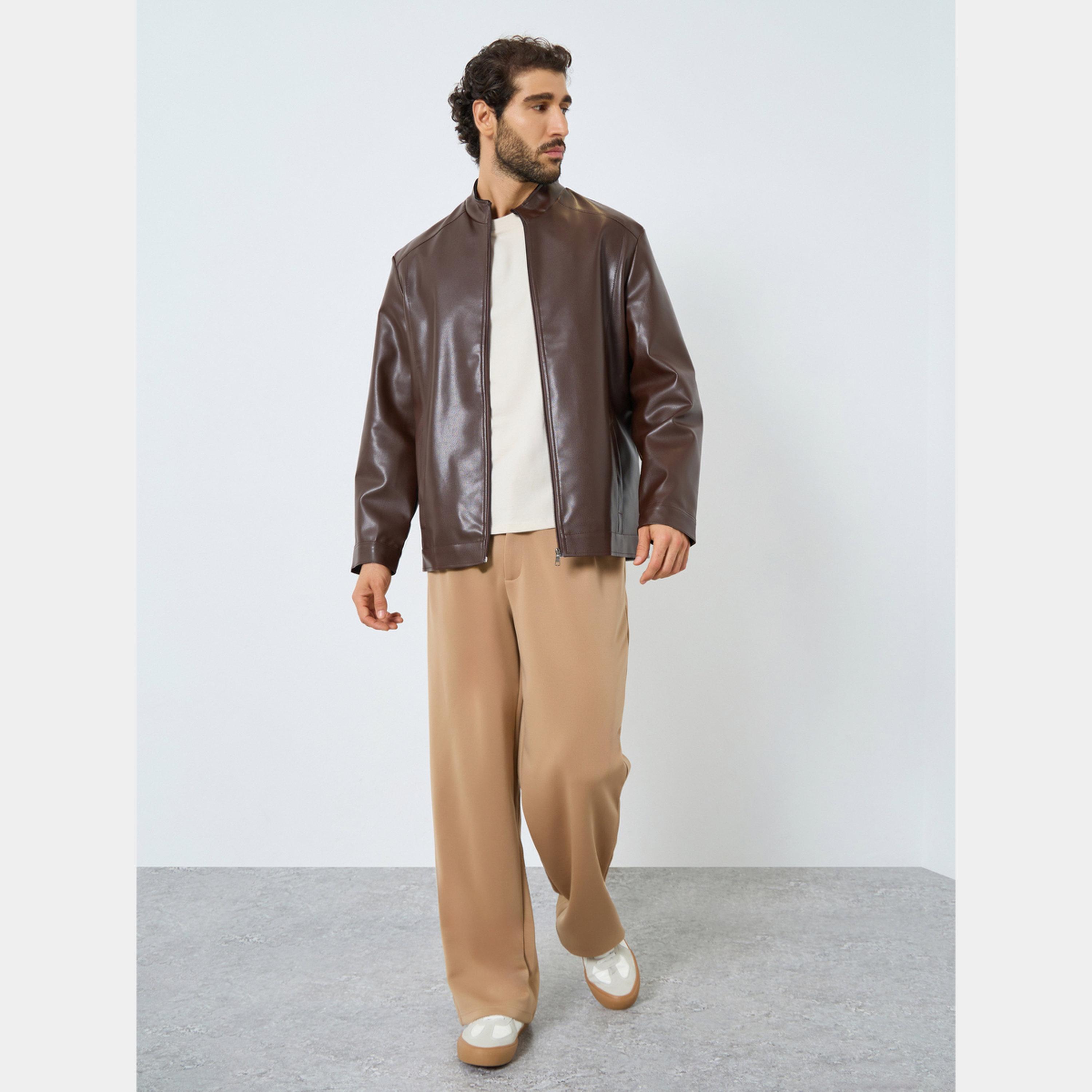 Styli Men Relaxed Fit Leather Look Jacket with Zip-men-clothing-jacketsandblazers-jackets-image-2