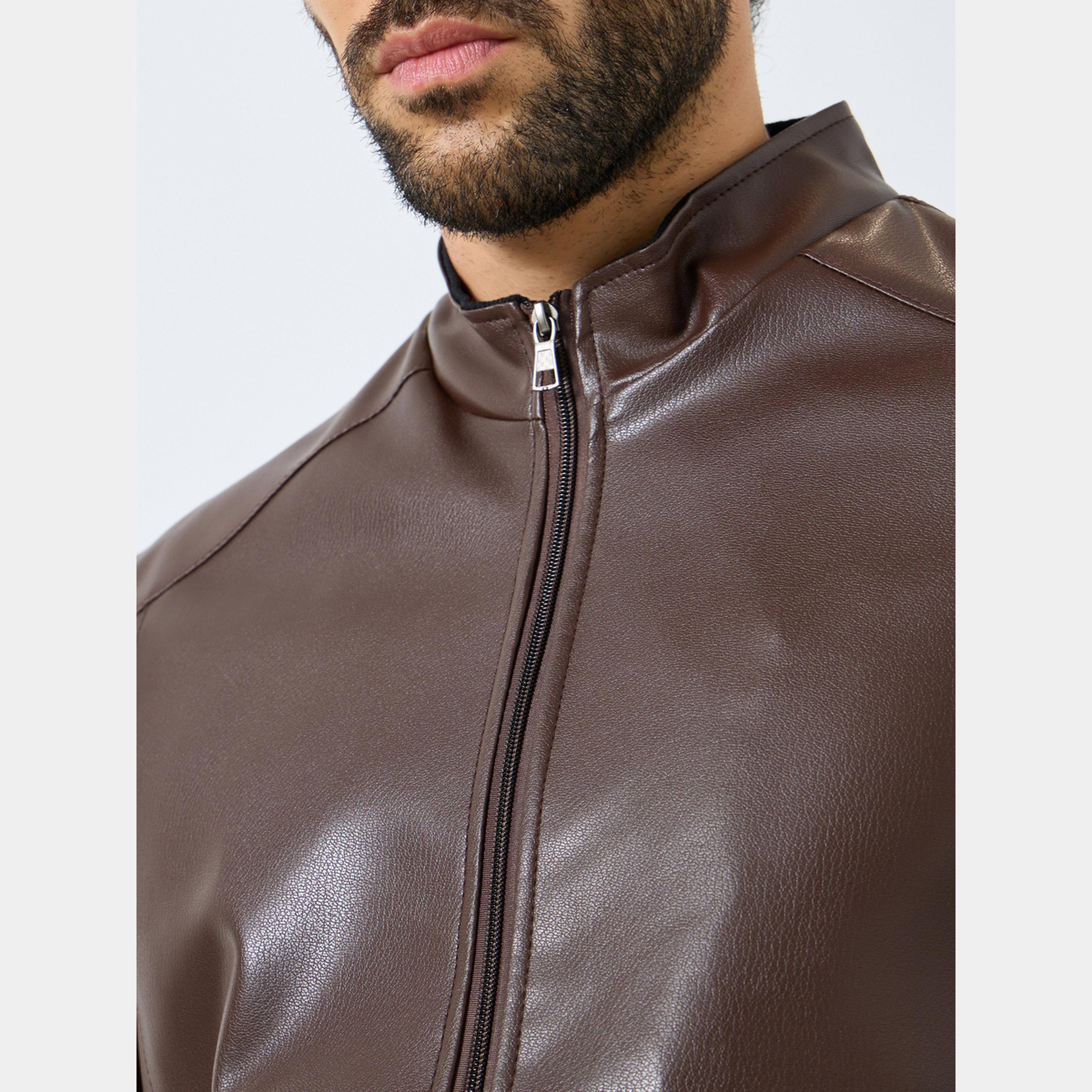 Styli Men Relaxed Fit Leather Look Jacket with Zip-men-clothing-jacketsandblazers-jackets-image-4