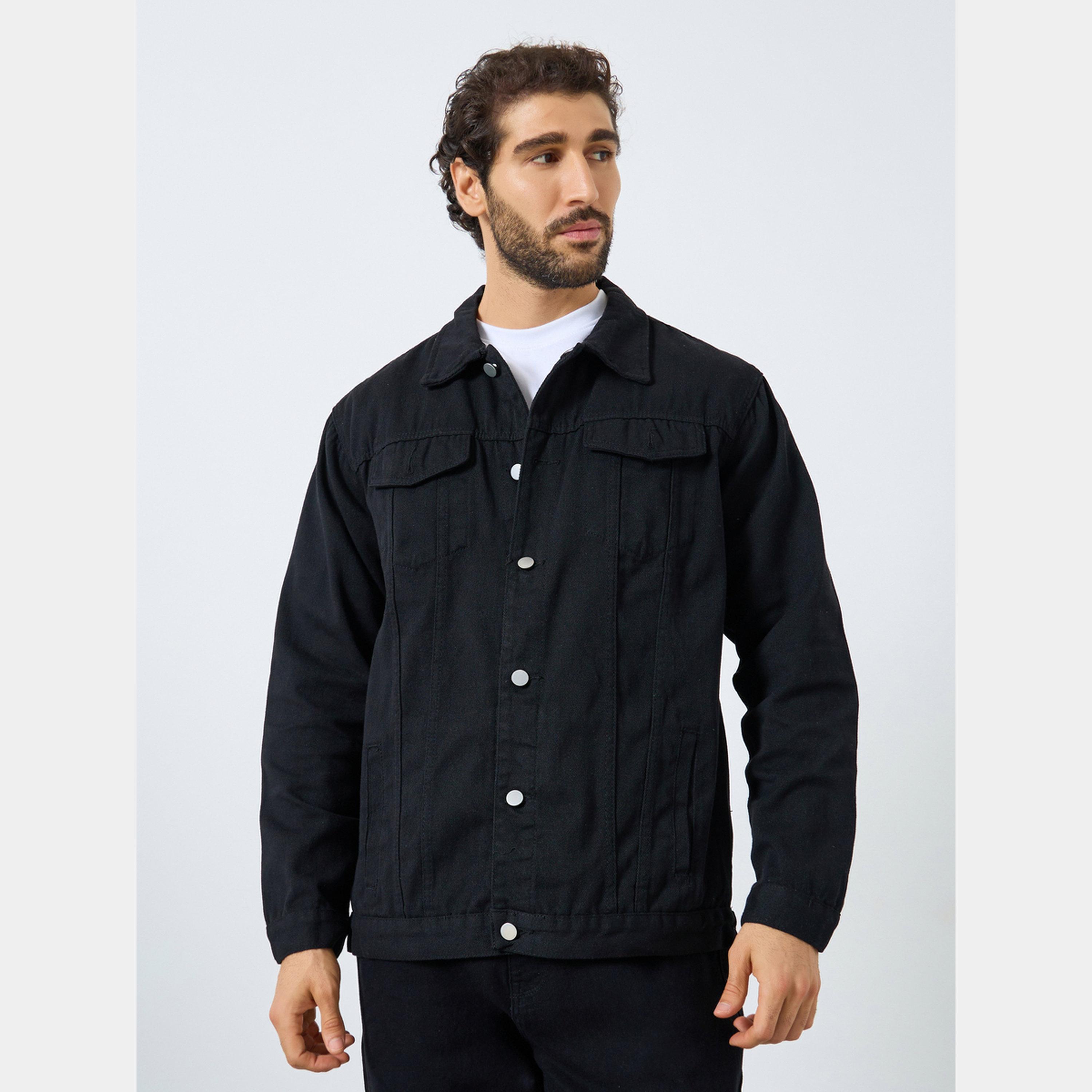 ستايلي - جاكيت جينز رجالي بأزرار وياقة وأكمام طويلة لون سادة-men-clothing-jacketsandblazers-jackets-image-1