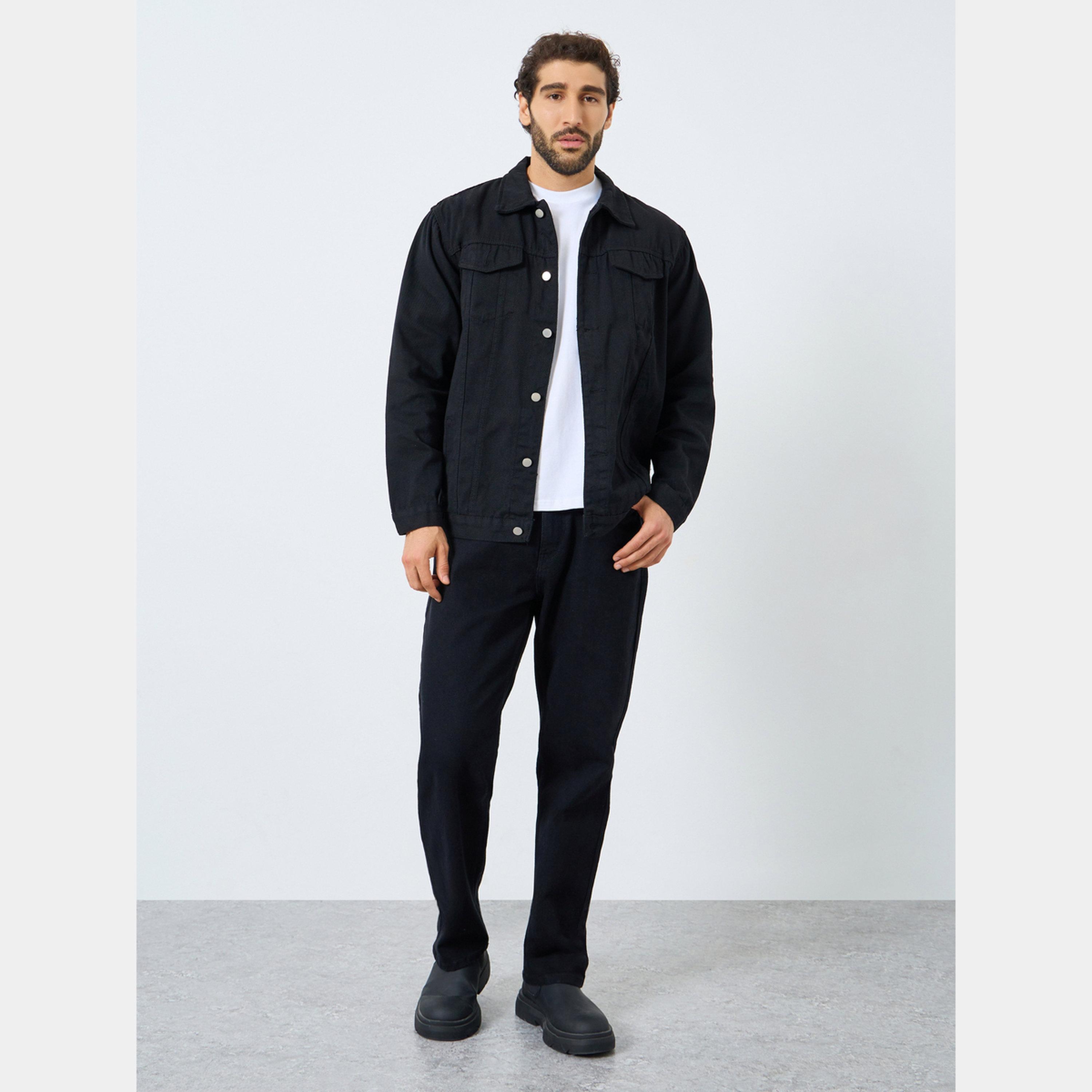 Styli Men Black Oversized Denim Jacket with Flap Pocket-men-clothing-jacketsandblazers-jackets-image-2
