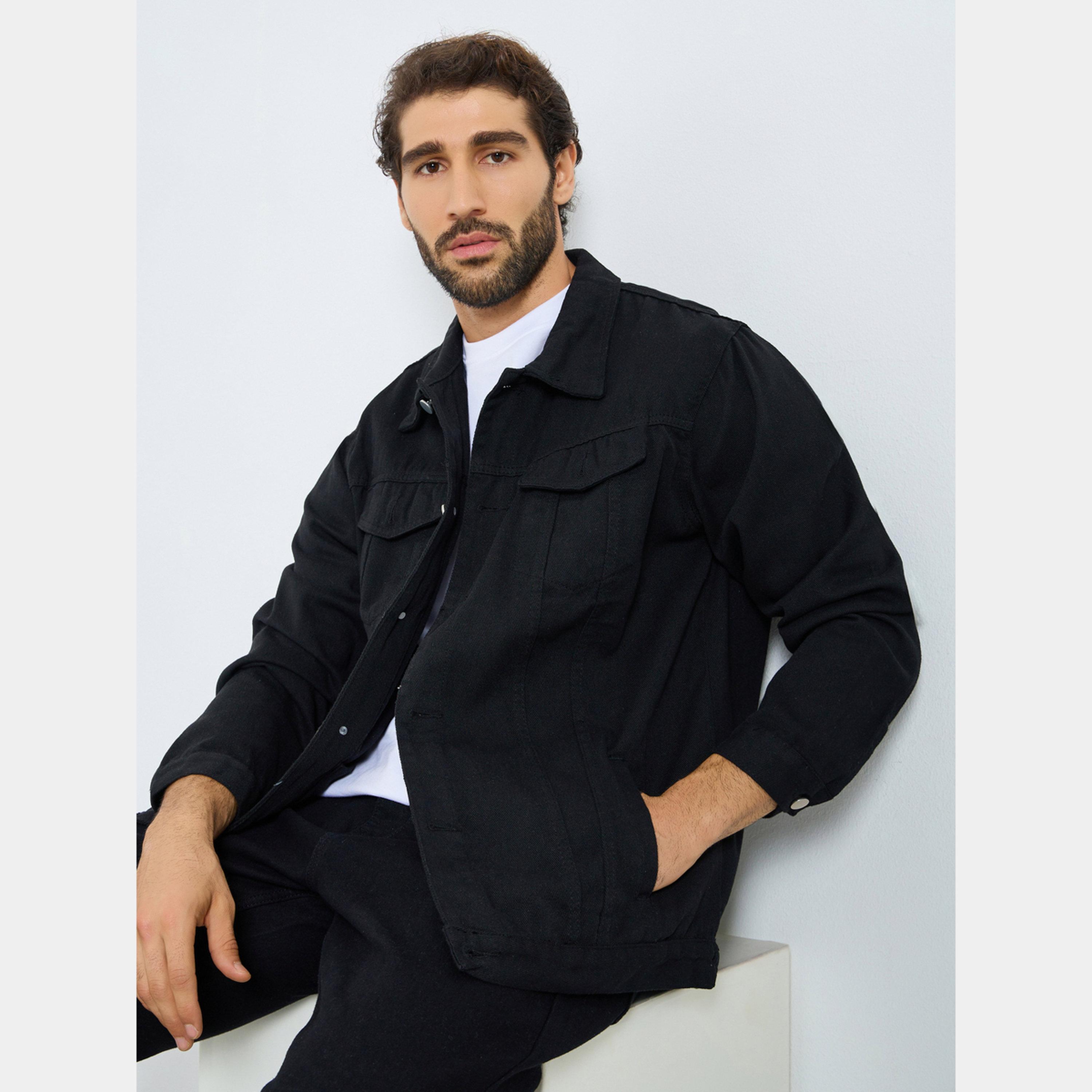 ستايلي - جاكيت جينز رجالي بأزرار وياقة وأكمام طويلة لون سادة-men-clothing-jacketsandblazers-jackets-image-3