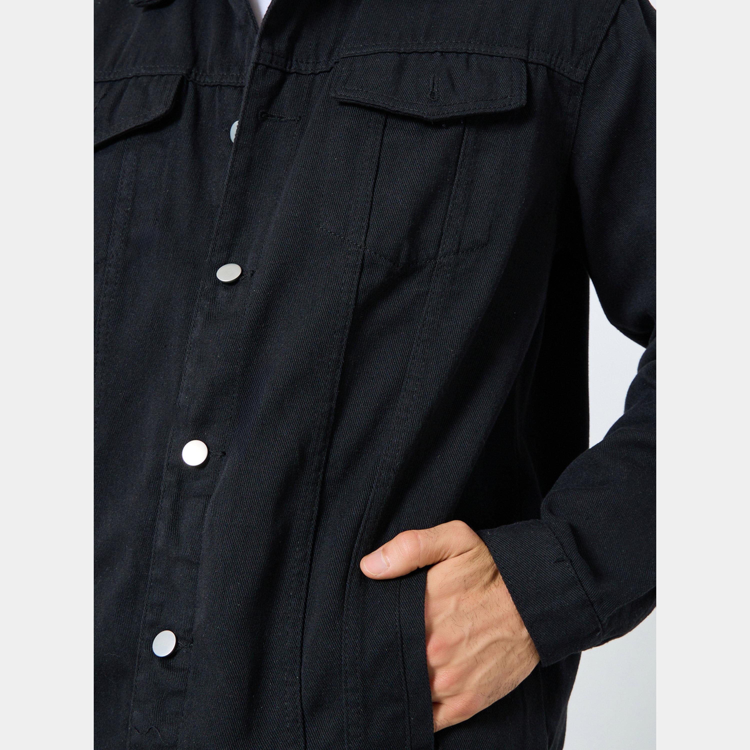 ستايلي - جاكيت جينز رجالي بأزرار وياقة وأكمام طويلة لون سادة-men-clothing-jacketsandblazers-jackets-image-4