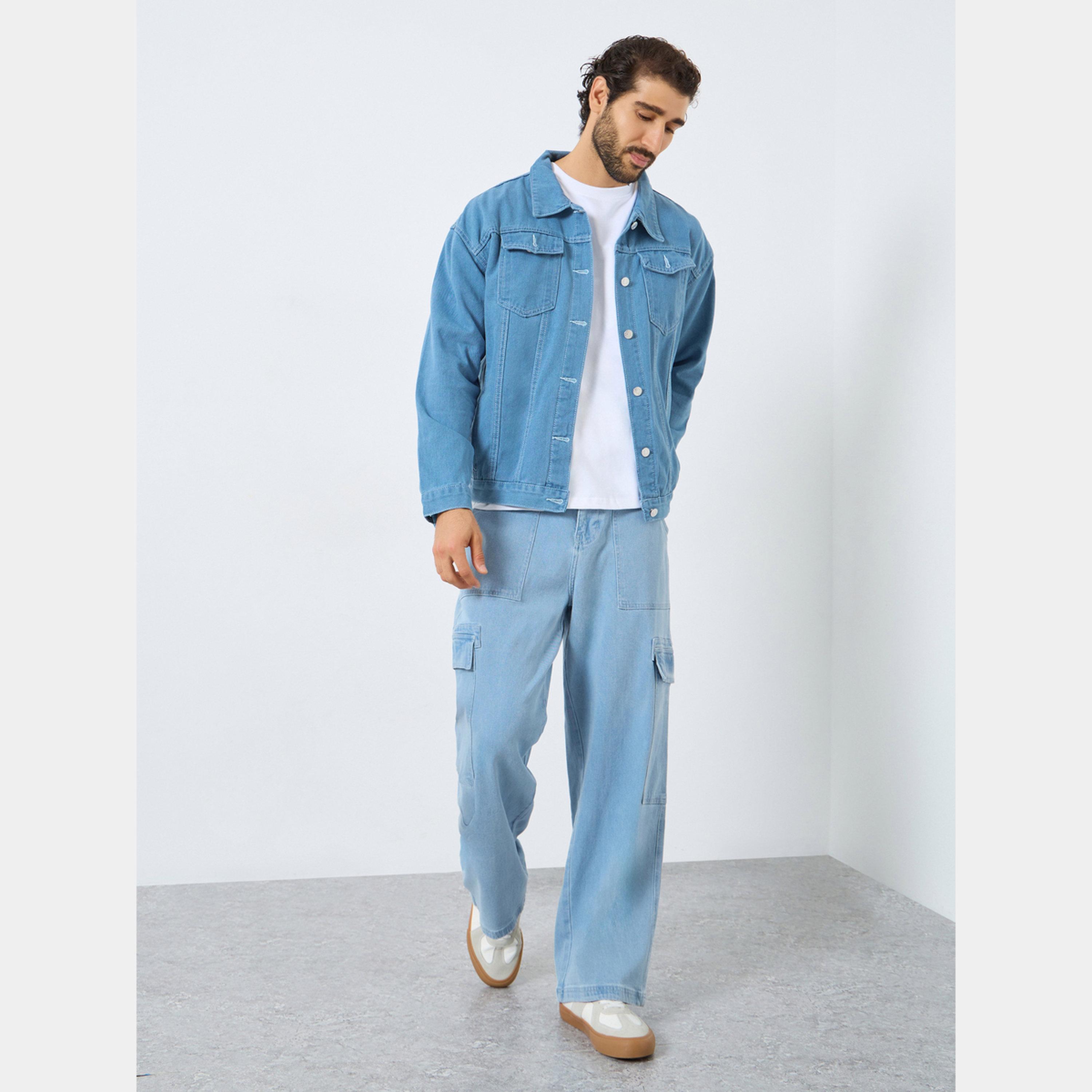 ستايلي - جاكيت جينز رجالي بأزرار وياقة وأكمام طويلة لون سادة-men-clothing-jacketsandblazers-jackets-image-2