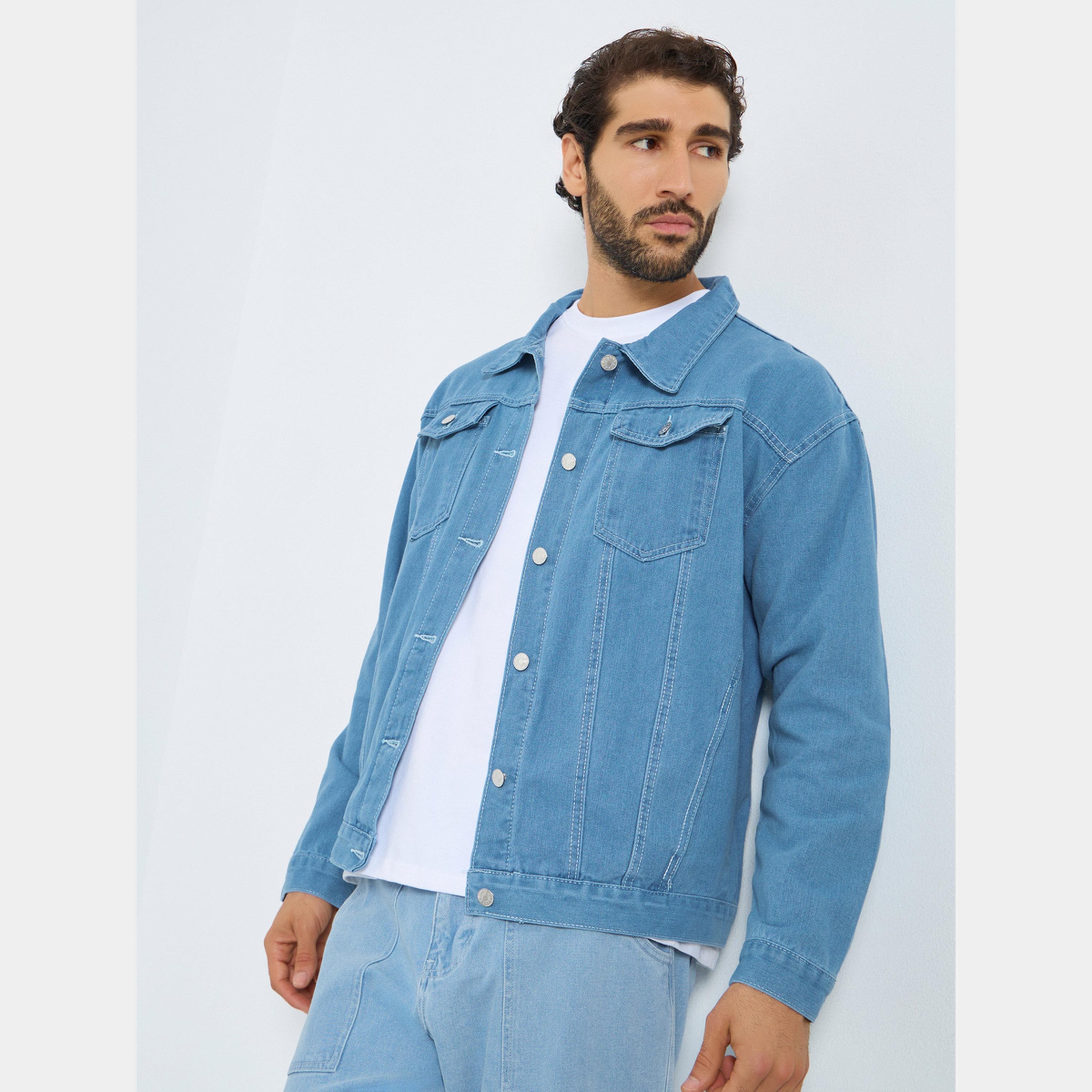 ستايلي - جاكيت جينز رجالي بأزرار وياقة وأكمام طويلة لون سادة-men-clothing-jacketsandblazers-jackets-image-3