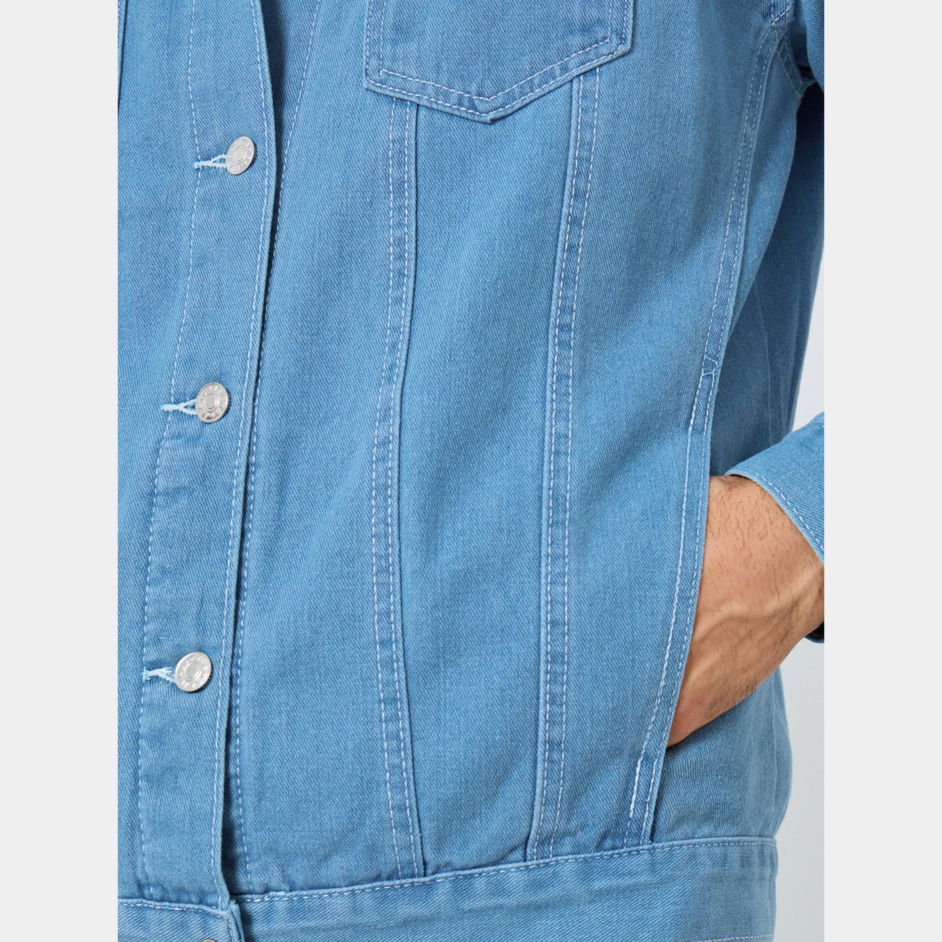 ستايلي - جاكيت جينز رجالي بأزرار وياقة وأكمام طويلة لون سادة-men-clothing-jacketsandblazers-jackets-image-4