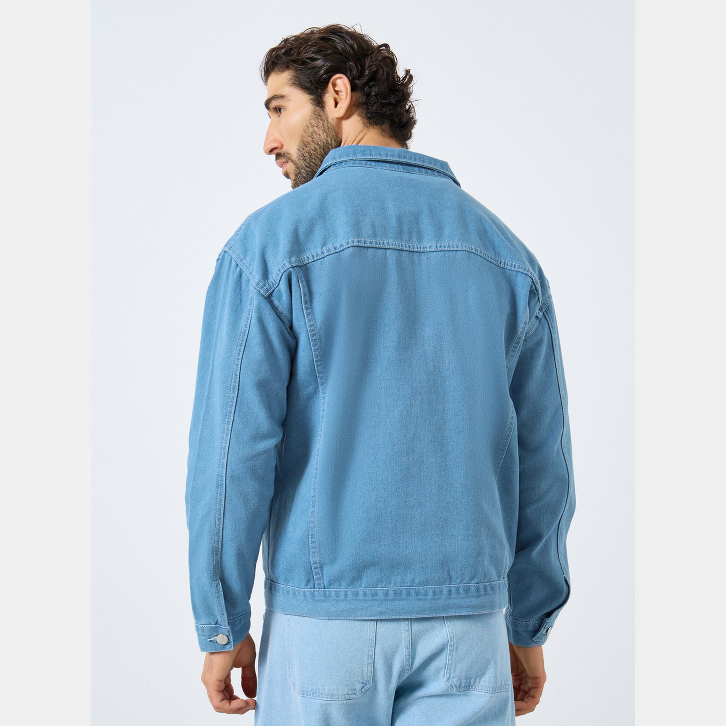 ستايلي - جاكيت جينز رجالي بأزرار وياقة وأكمام طويلة لون سادة-men-clothing-jacketsandblazers-jackets-image-5