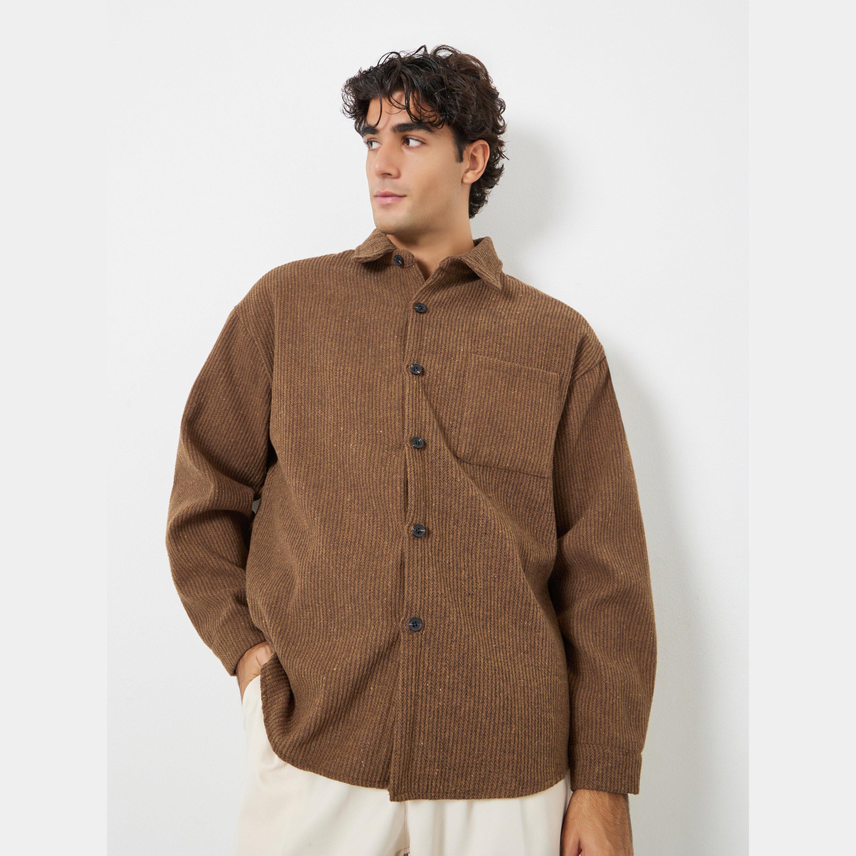 ستايلي - جاكيت رجالي من قماش مخملي مضلع بأكمام طويلة وياقة منقوش وأزرار-men-clothing-jacketsandblazers-jackets-image-1