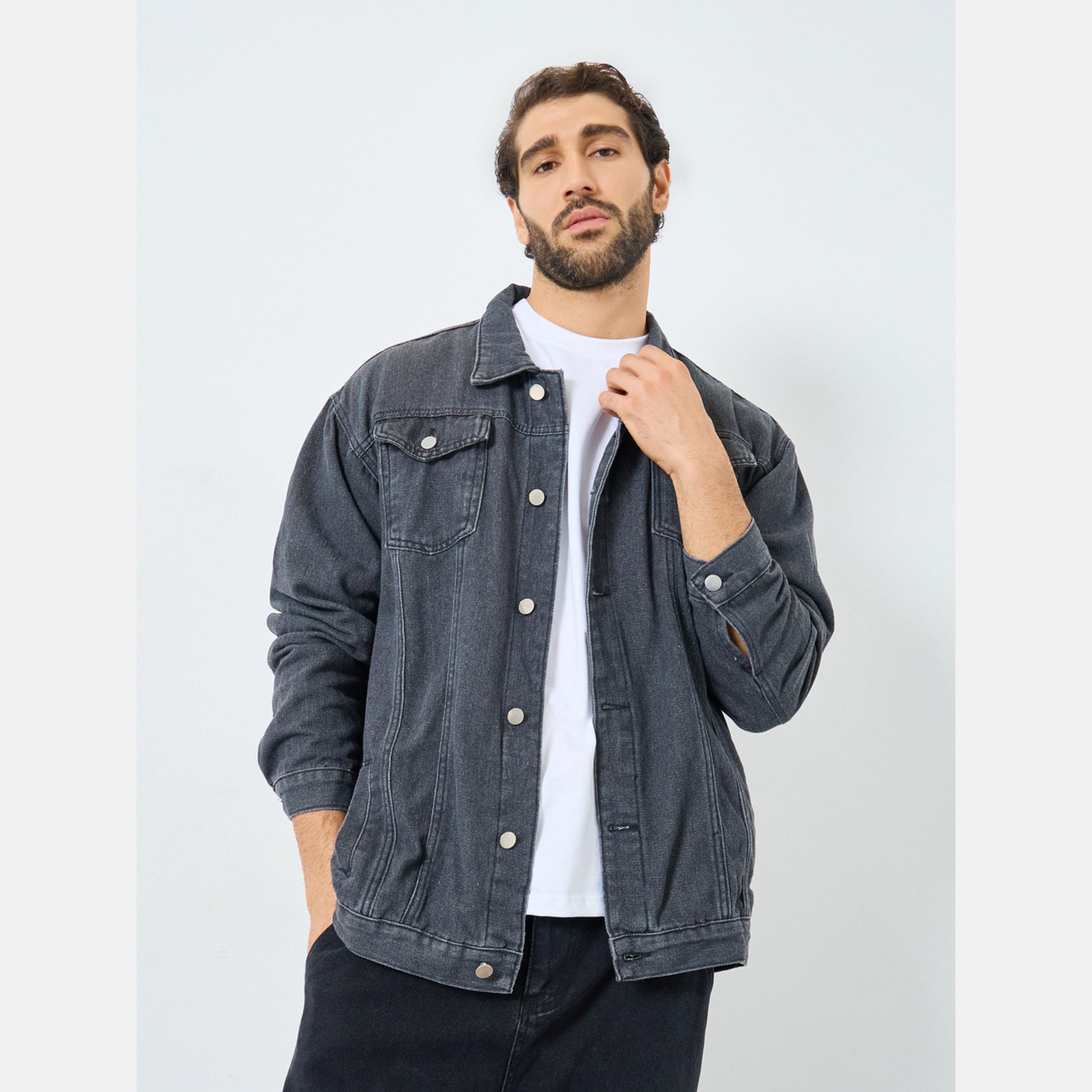 Styli Solid Collared Long Sleeves Men's Button Through Denim Jacket-men-clothing-jacketsandblazers-jackets-image-1