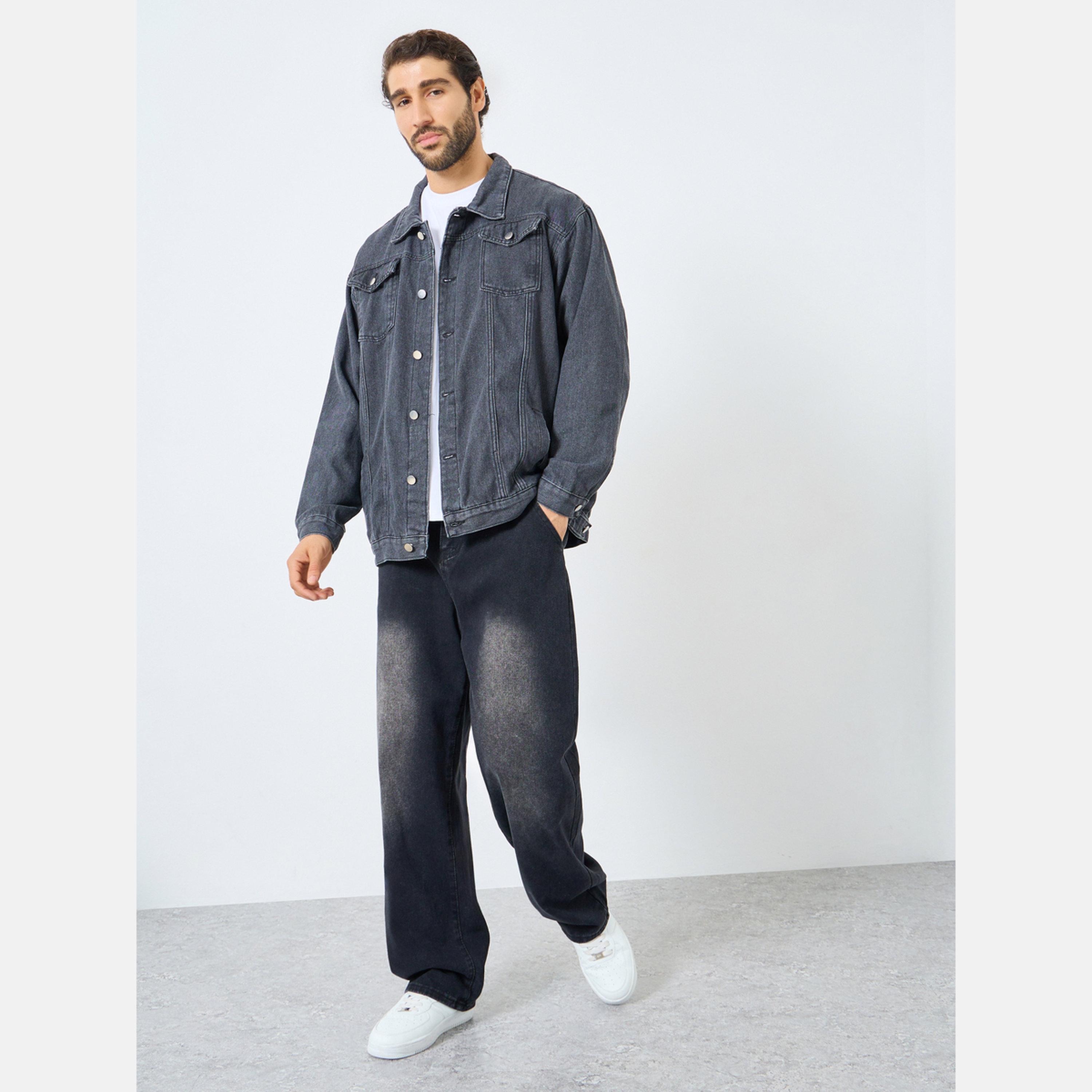 Styli Solid Collared Long Sleeves Men's Button Through Denim Jacket-men-clothing-jacketsandblazers-jackets-image-2