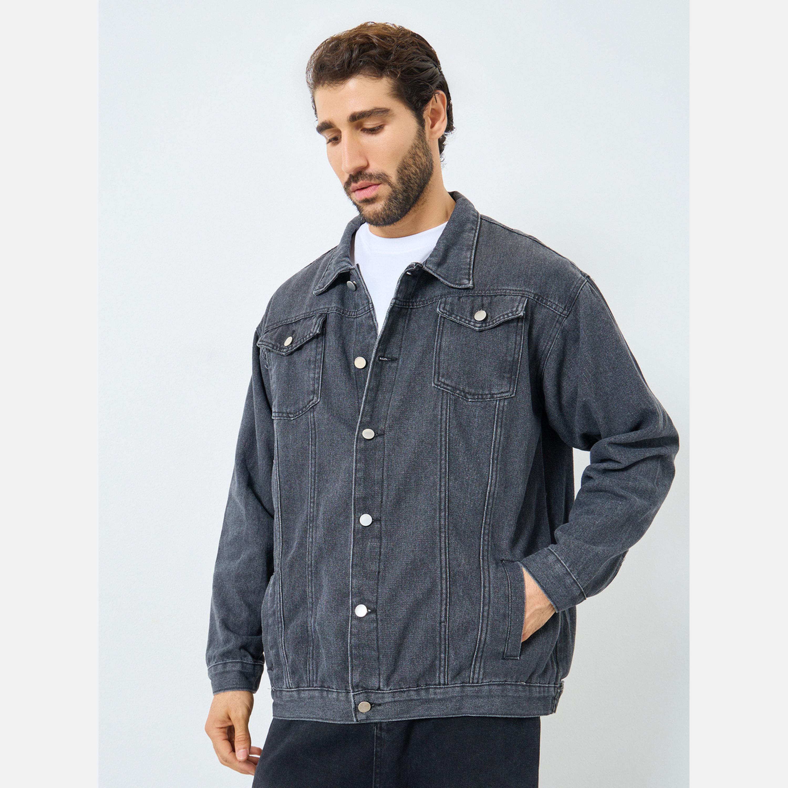 Styli Solid Collared Long Sleeves Men's Button Through Denim Jacket-men-clothing-jacketsandblazers-jackets-image-3