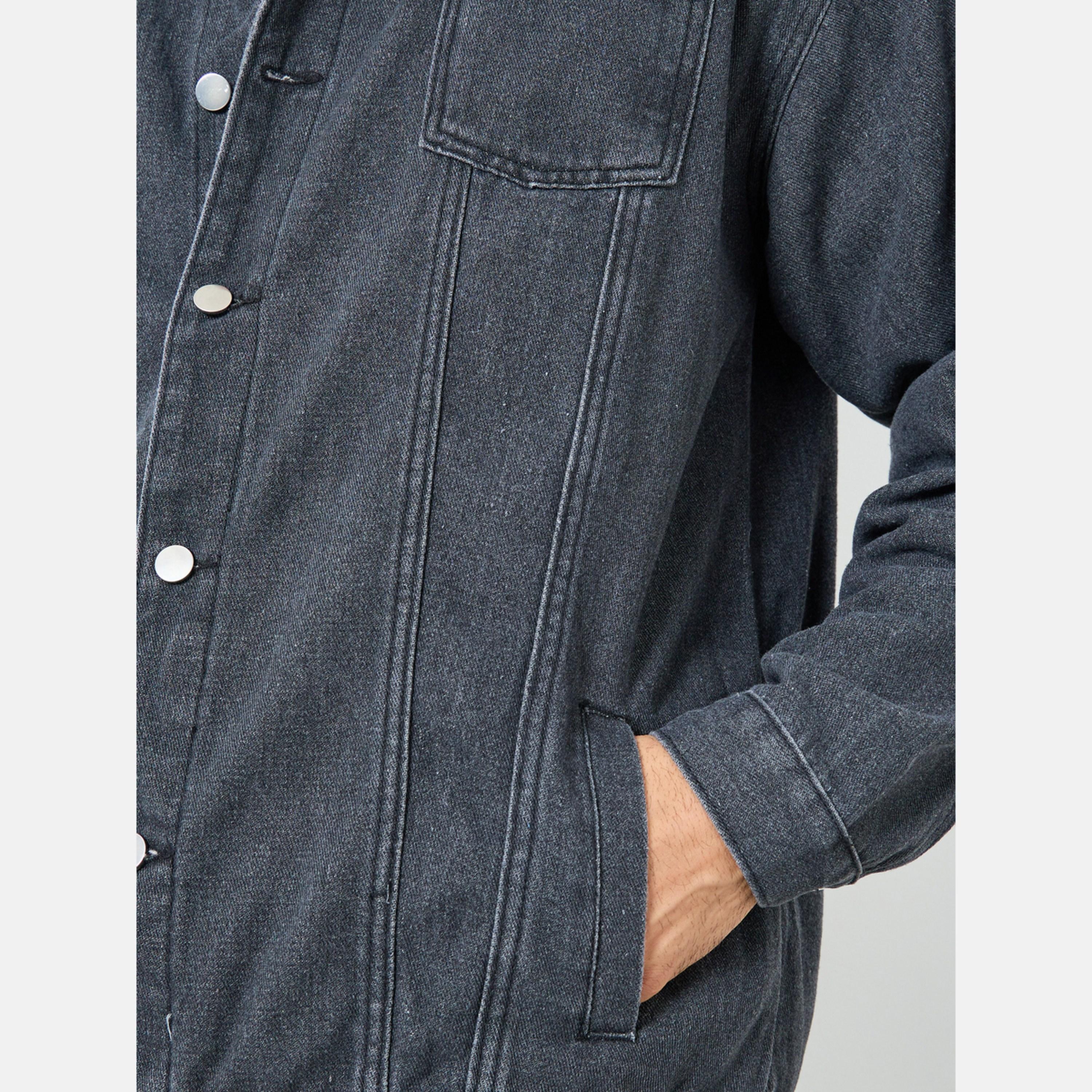 Styli Solid Collared Long Sleeves Men's Button Through Denim Jacket-men-clothing-jacketsandblazers-jackets-image-4