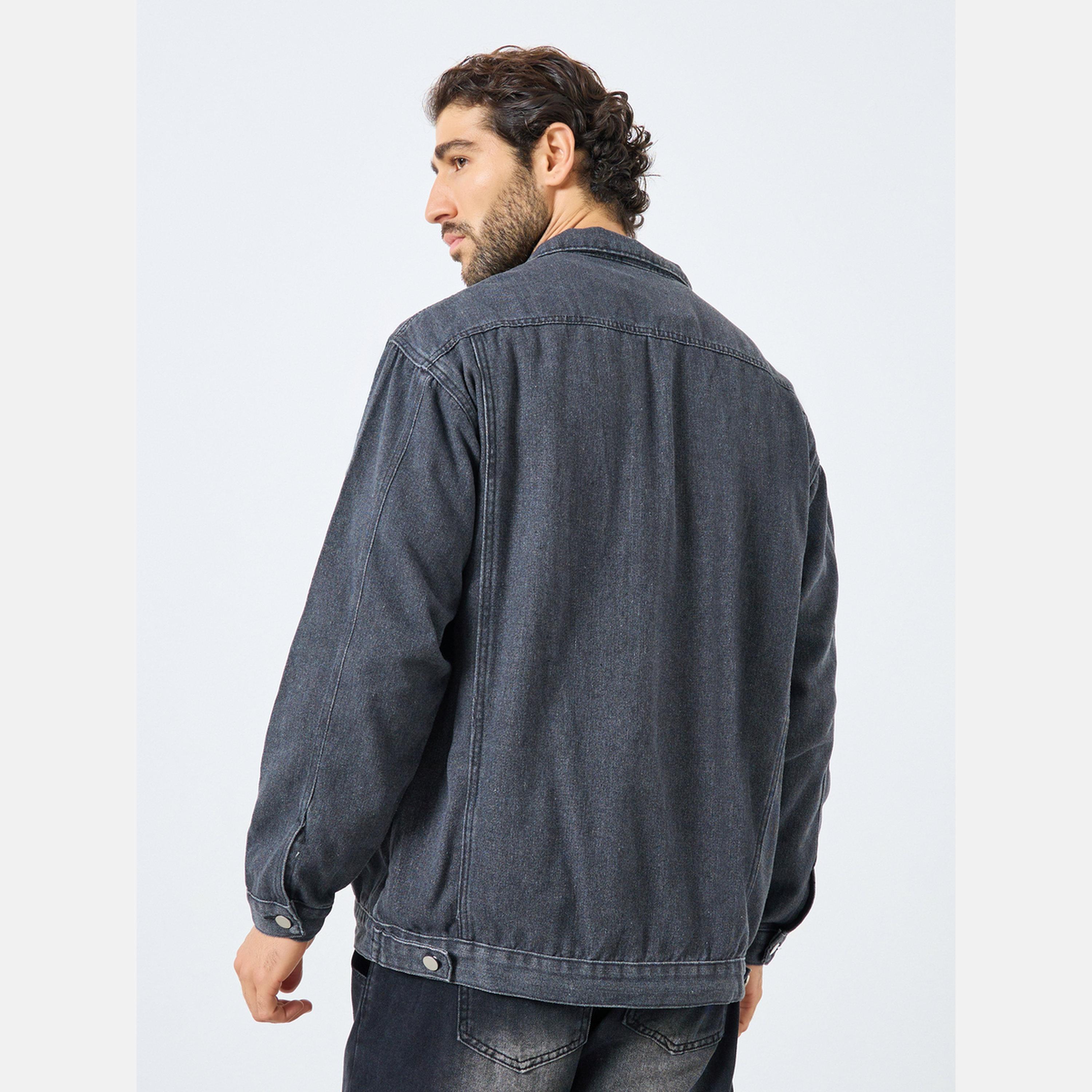 ستايلي - جاكيت جينز رجالي بأزرار وياقة وأكمام طويلة لون سادة-men-clothing-jacketsandblazers-jackets-image-5