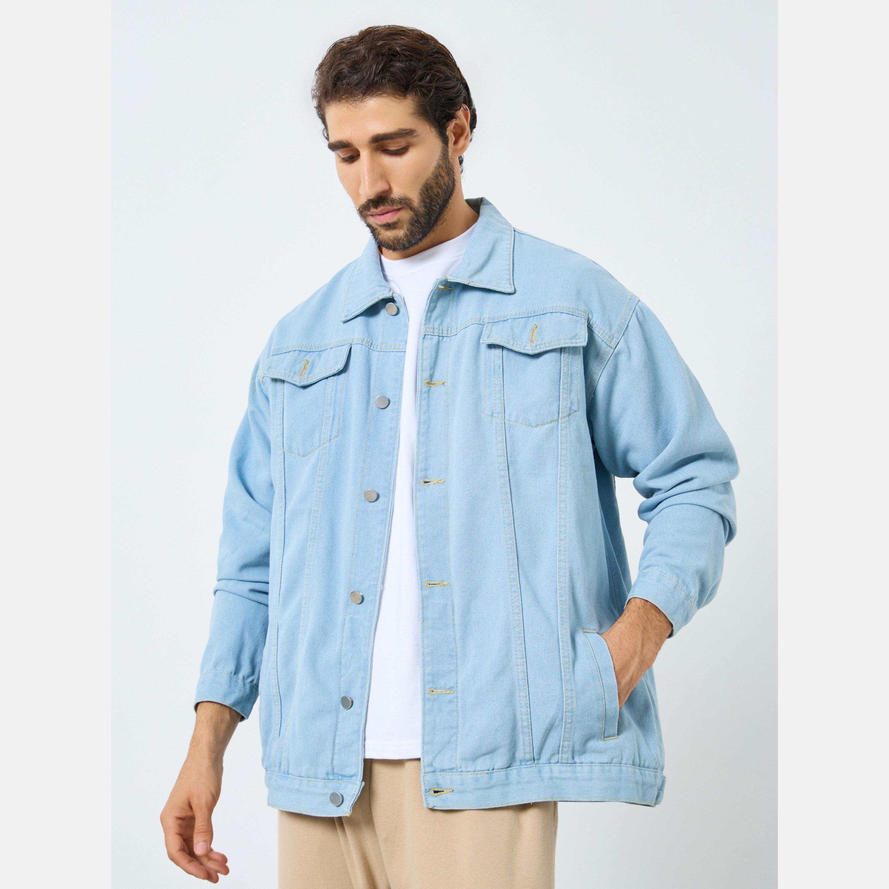 Styli Solid Collared Long Sleeves Men's Button Through Denim Jacket-men-clothing-jacketsandblazers-jackets-image-1