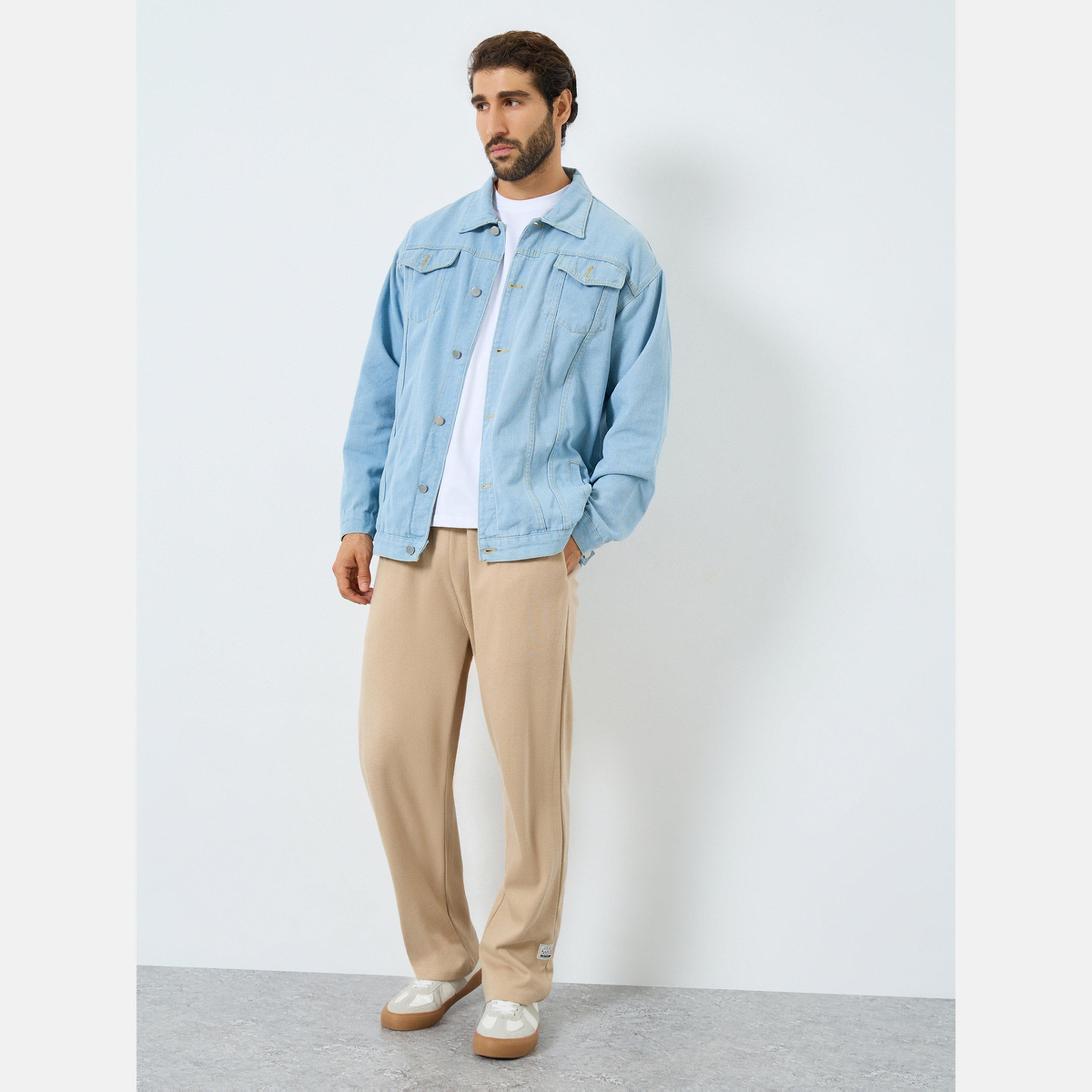 Styli Solid Collared Long Sleeves Men's Button Through Denim Jacket-men-clothing-jacketsandblazers-jackets-image-2