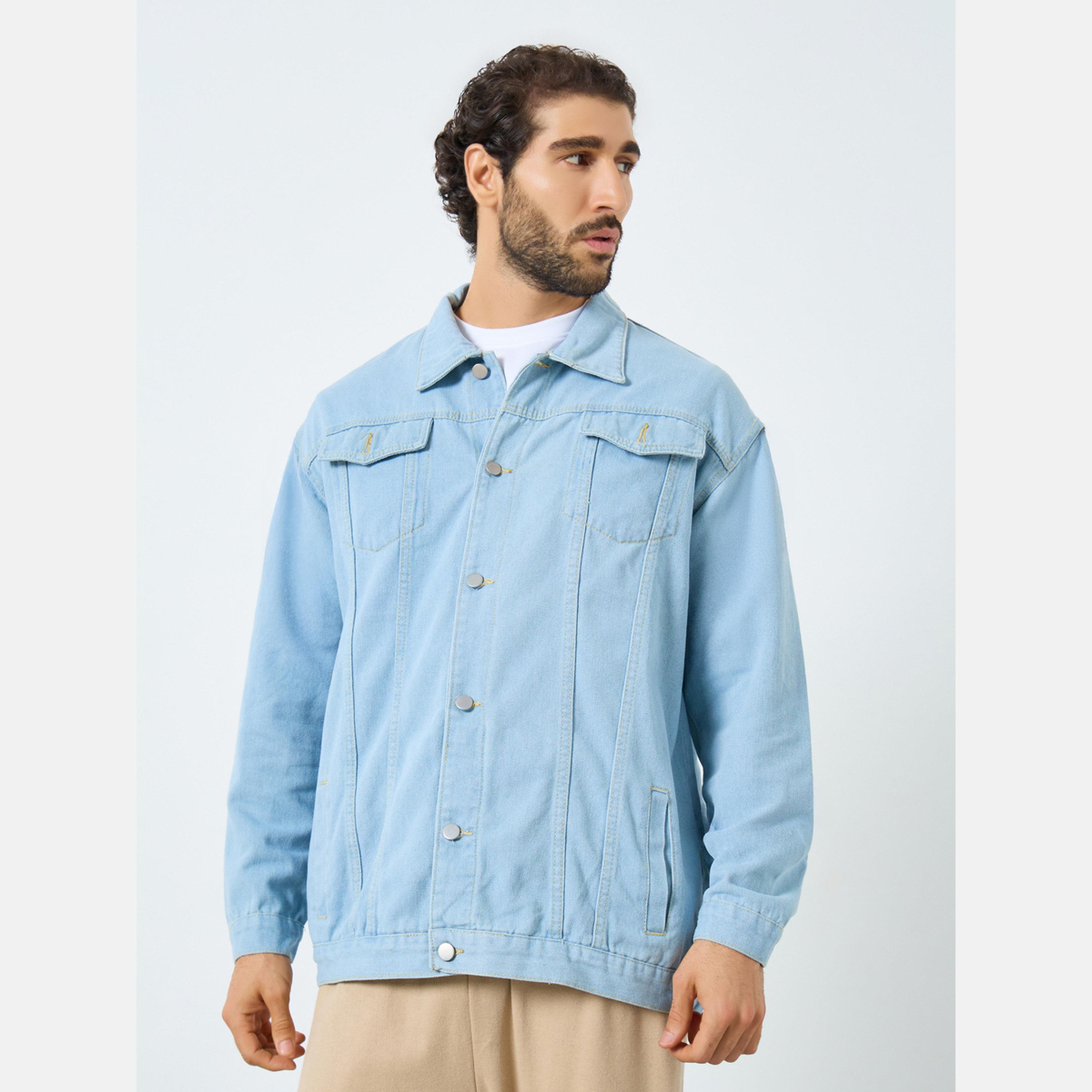 Styli Solid Collared Long Sleeves Men's Button Through Denim Jacket-men-clothing-jacketsandblazers-jackets-image-3