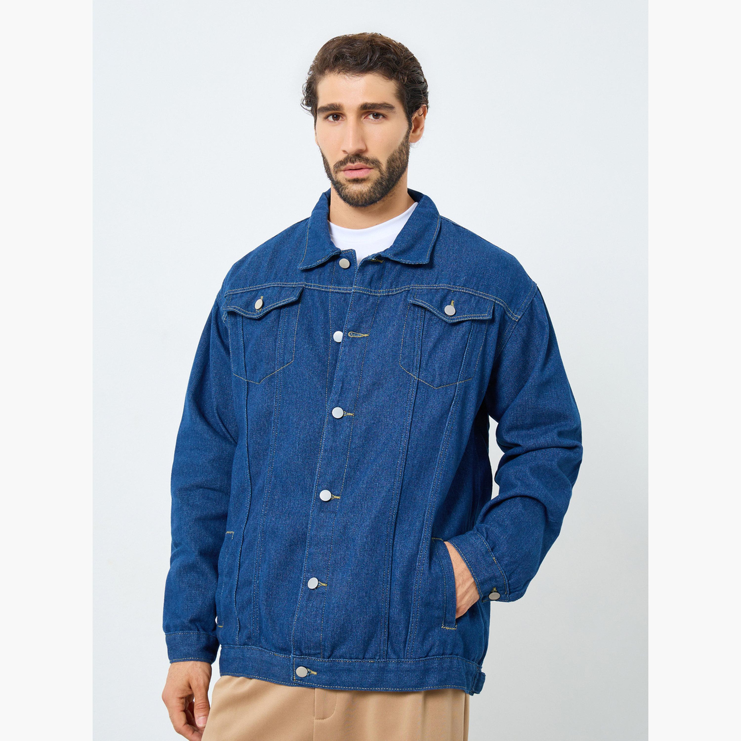 Styli Solid Collared Long Sleeves Men's Button Through Denim Jacket-men-clothing-jacketsandblazers-jackets-image-1