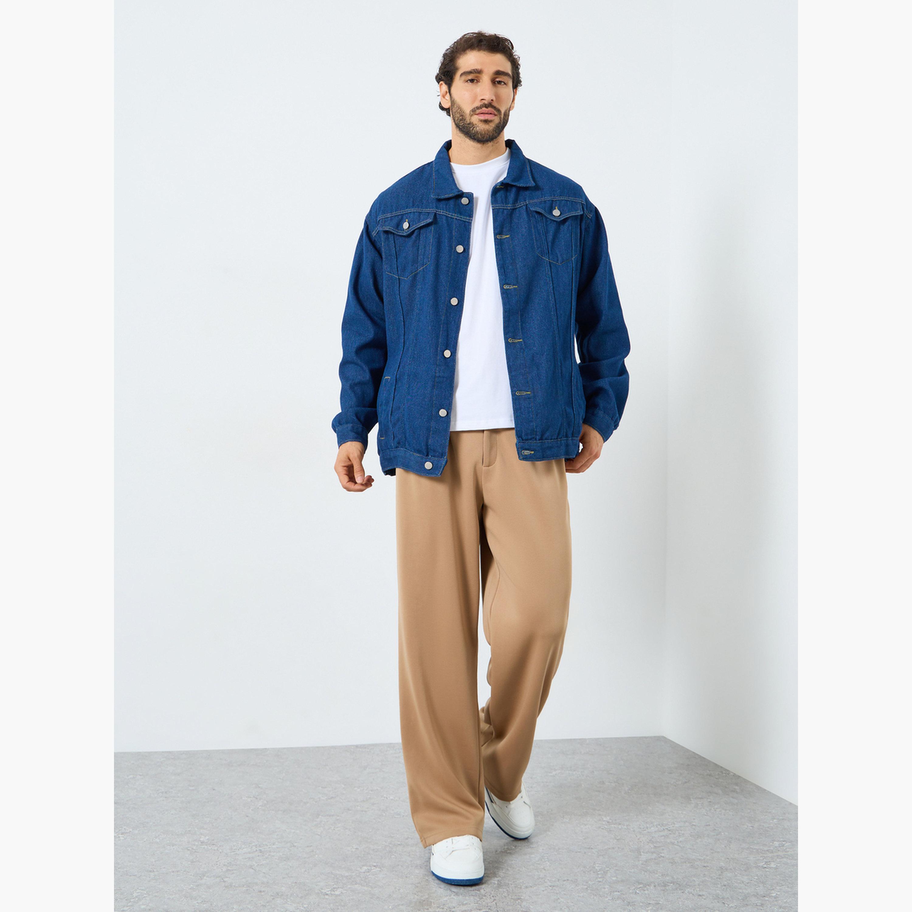 Styli Solid Collared Long Sleeves Men's Button Through Denim Jacket-men-clothing-jacketsandblazers-jackets-image-2