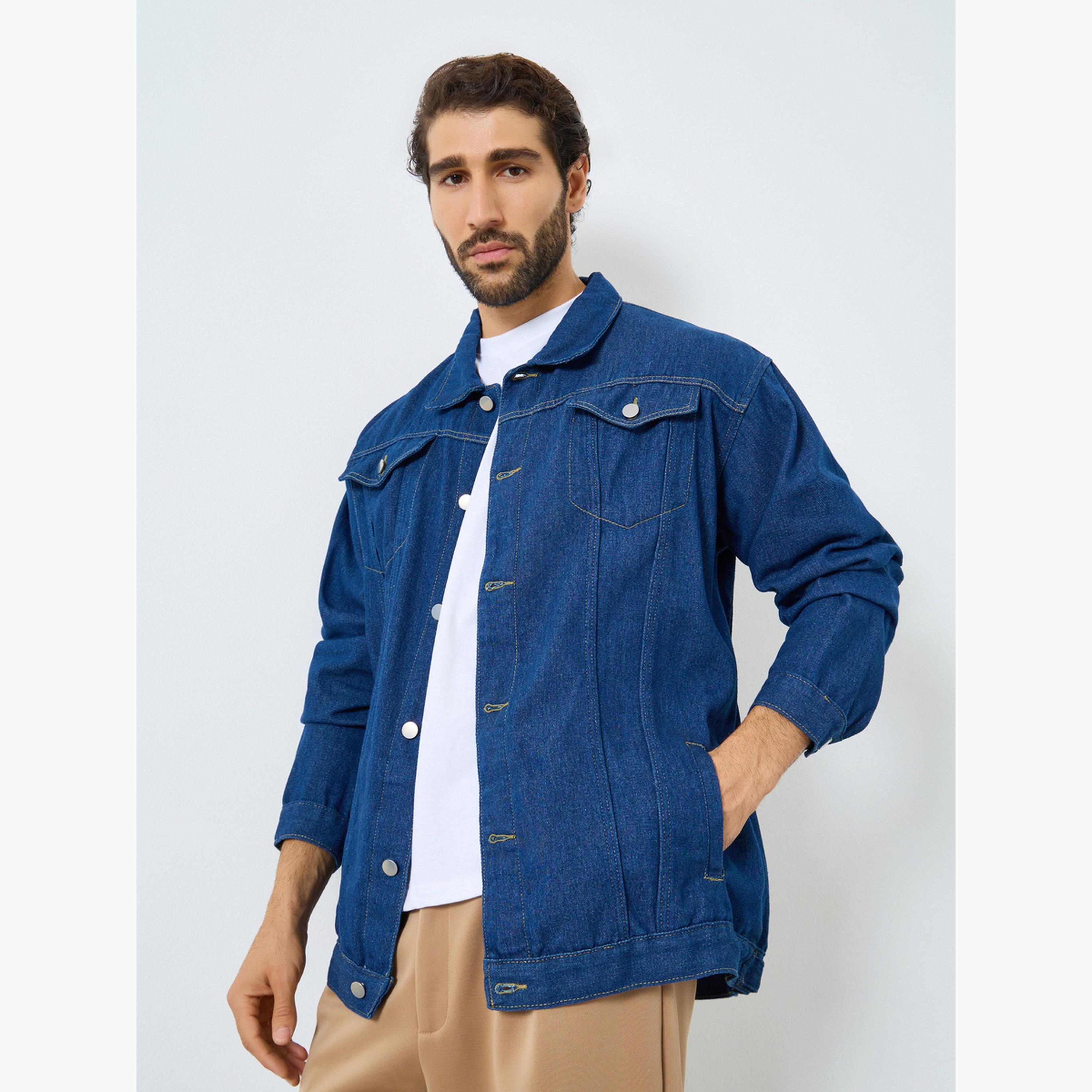 Styli Solid Collared Long Sleeves Men's Button Through Denim Jacket-men-clothing-jacketsandblazers-jackets-image-3