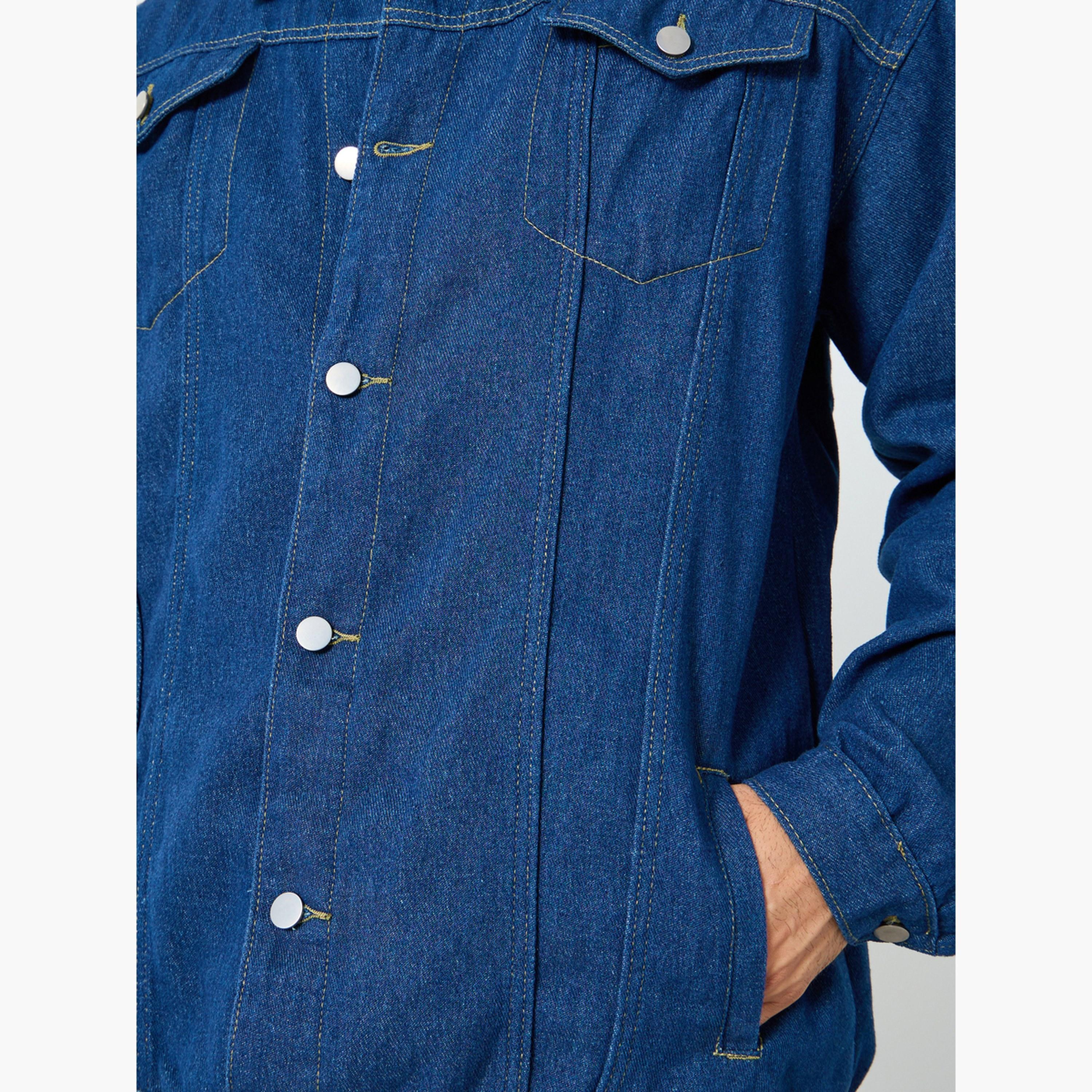 Styli Solid Collared Long Sleeves Men's Button Through Denim Jacket-men-clothing-jacketsandblazers-jackets-image-5