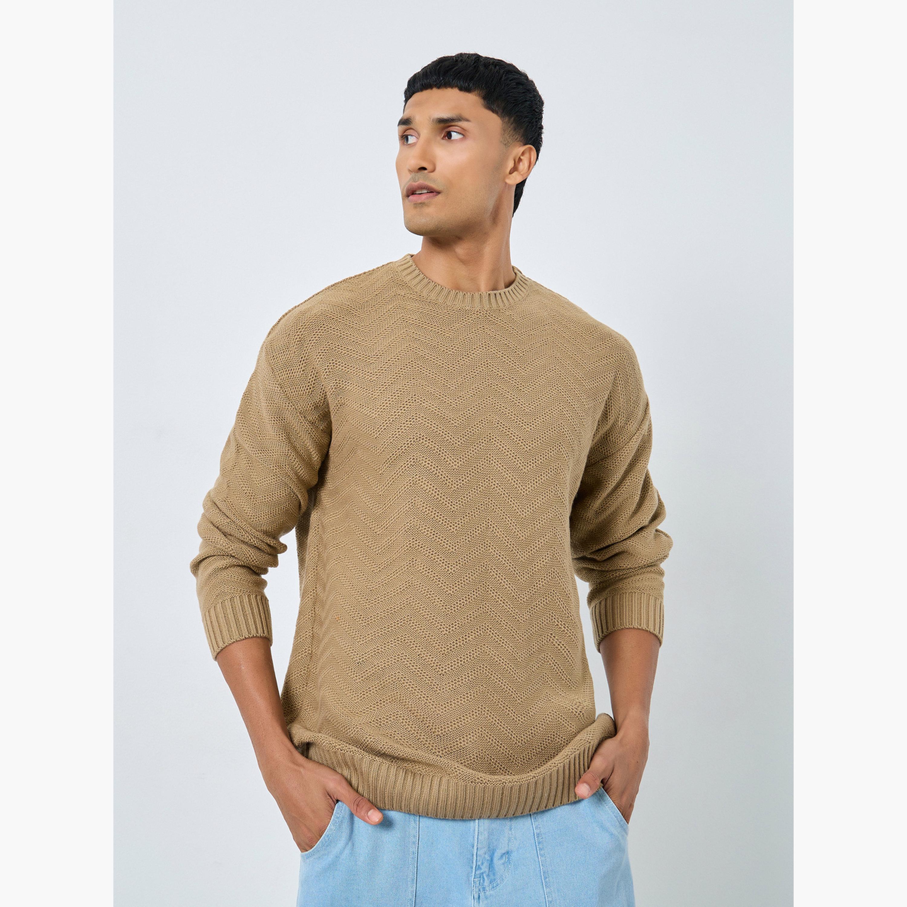 Styli Beige Knitted Oversized Round Neck Long Sleeves Men's Sweater-men-clothing-sweatersandpullovers-image-1