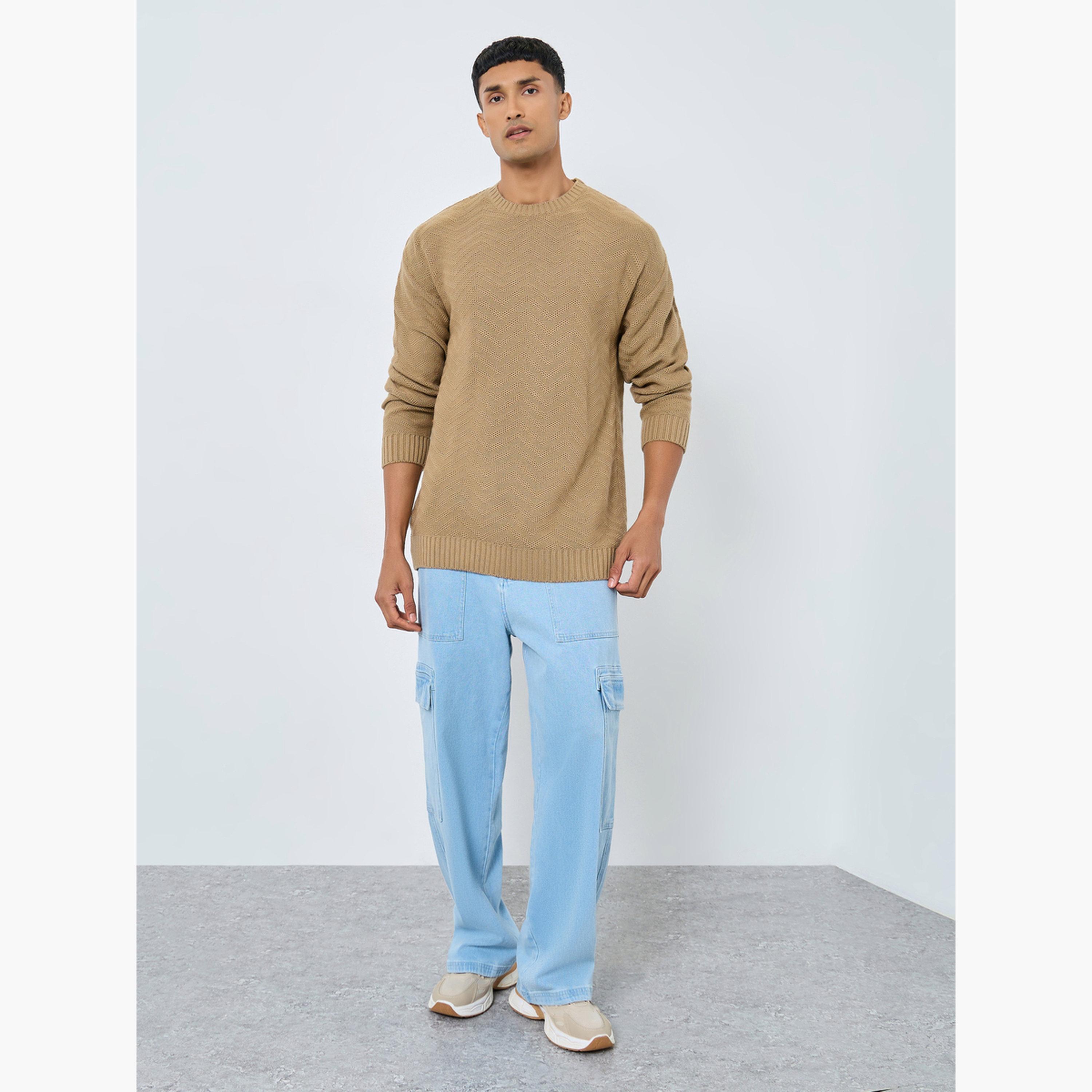 Styli Beige Knitted Oversized Round Neck Long Sleeves Men's Sweater-men-clothing-sweatersandpullovers-image-2