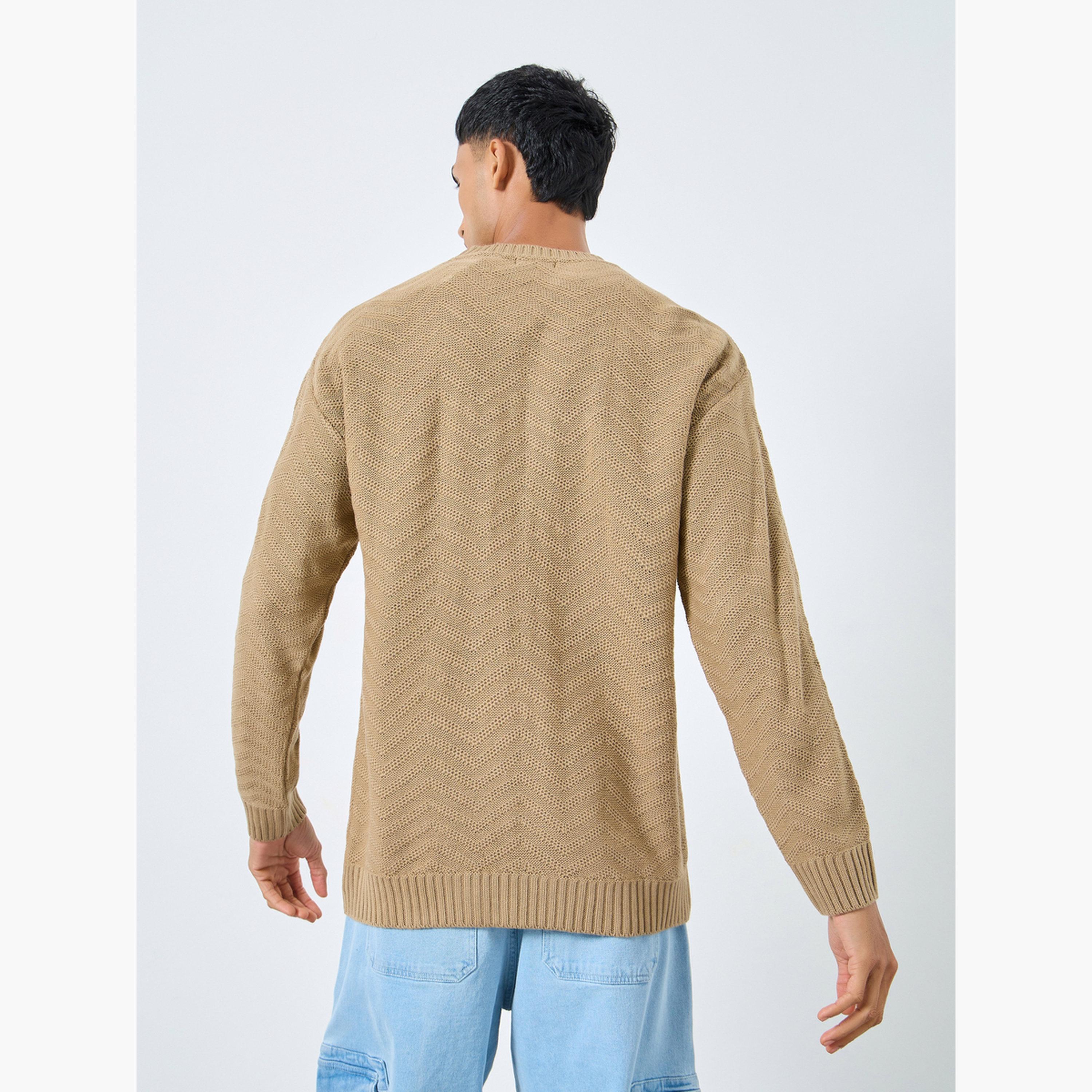 Styli Beige Knitted Oversized Round Neck Long Sleeves Men's Sweater-men-clothing-sweatersandpullovers-image-4