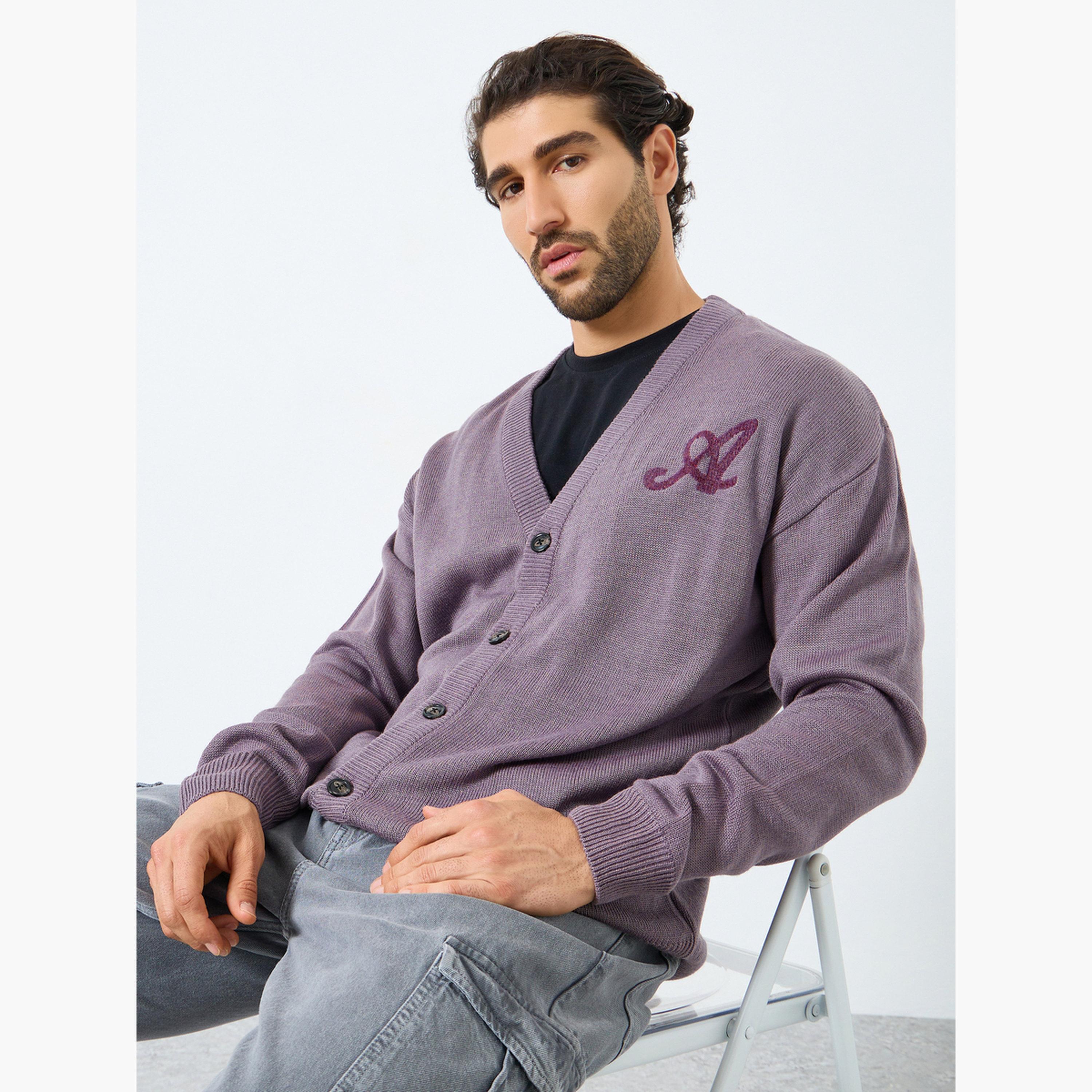 Styli Men Brown Embroidered Knit Cardigan-men-clothing-sweatersandpullovers-image-3