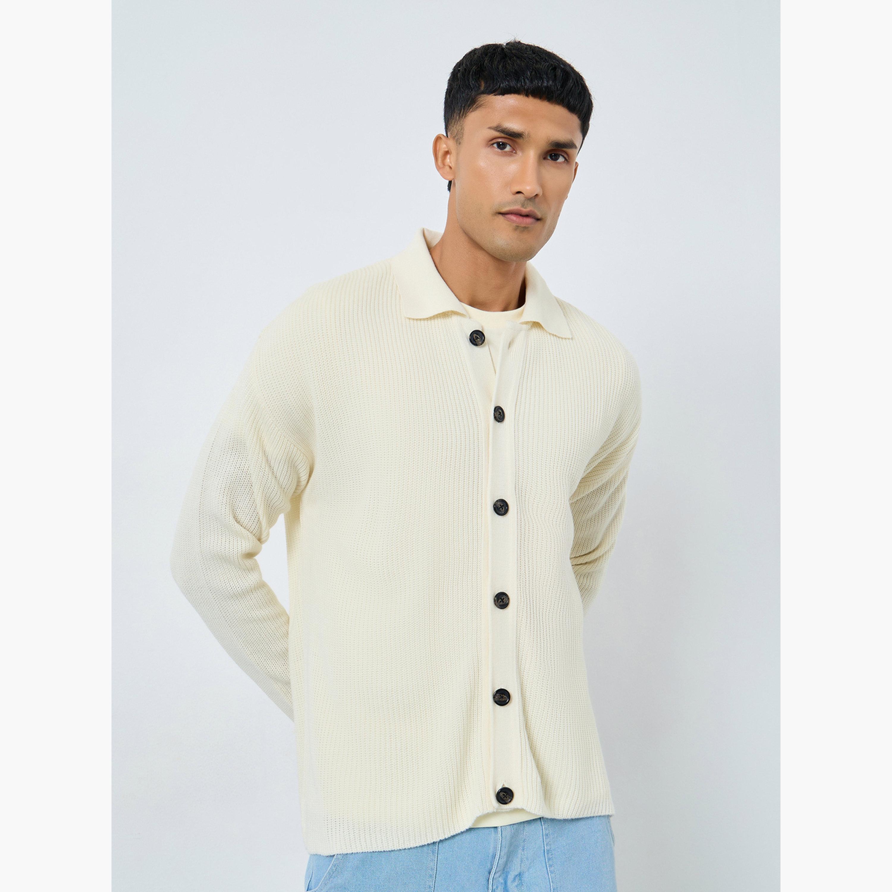 Styli Off White Ribbed Collared Long Sleeves Men's Button Through Cardigan-men-clothing-sweatersandpullovers-image-1