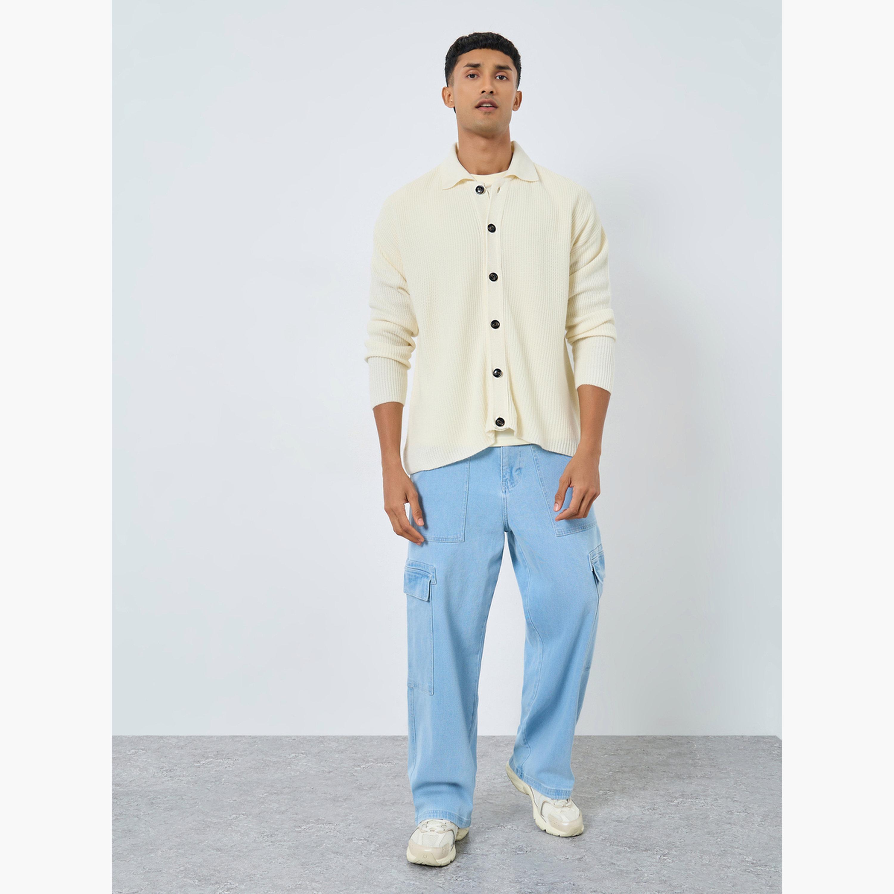 Styli Off White Ribbed Collared Long Sleeves Men's Button Through Cardigan-men-clothing-sweatersandpullovers-image-2
