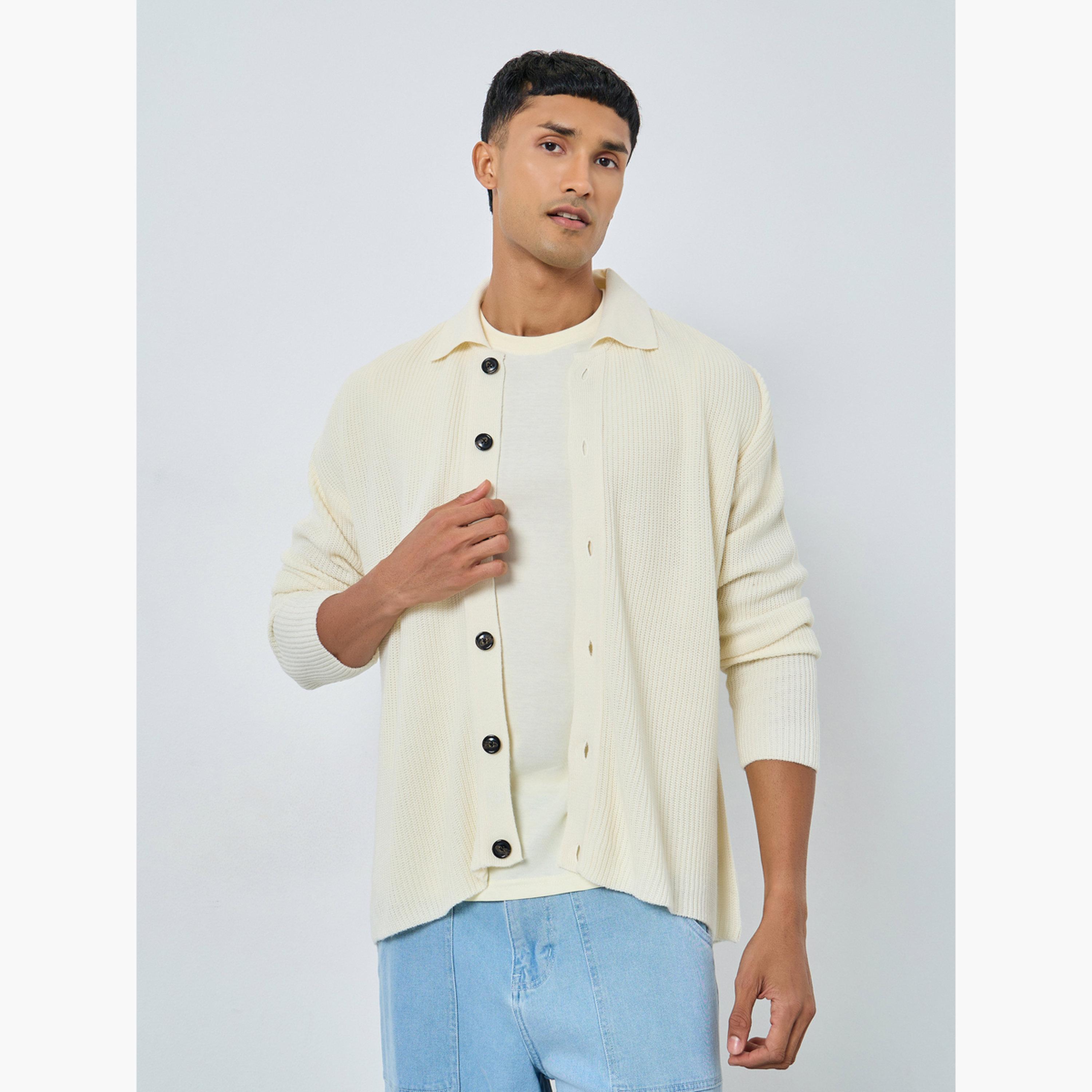 Styli Off White Ribbed Collared Long Sleeves Men's Button Through Cardigan-men-clothing-sweatersandpullovers-image-3