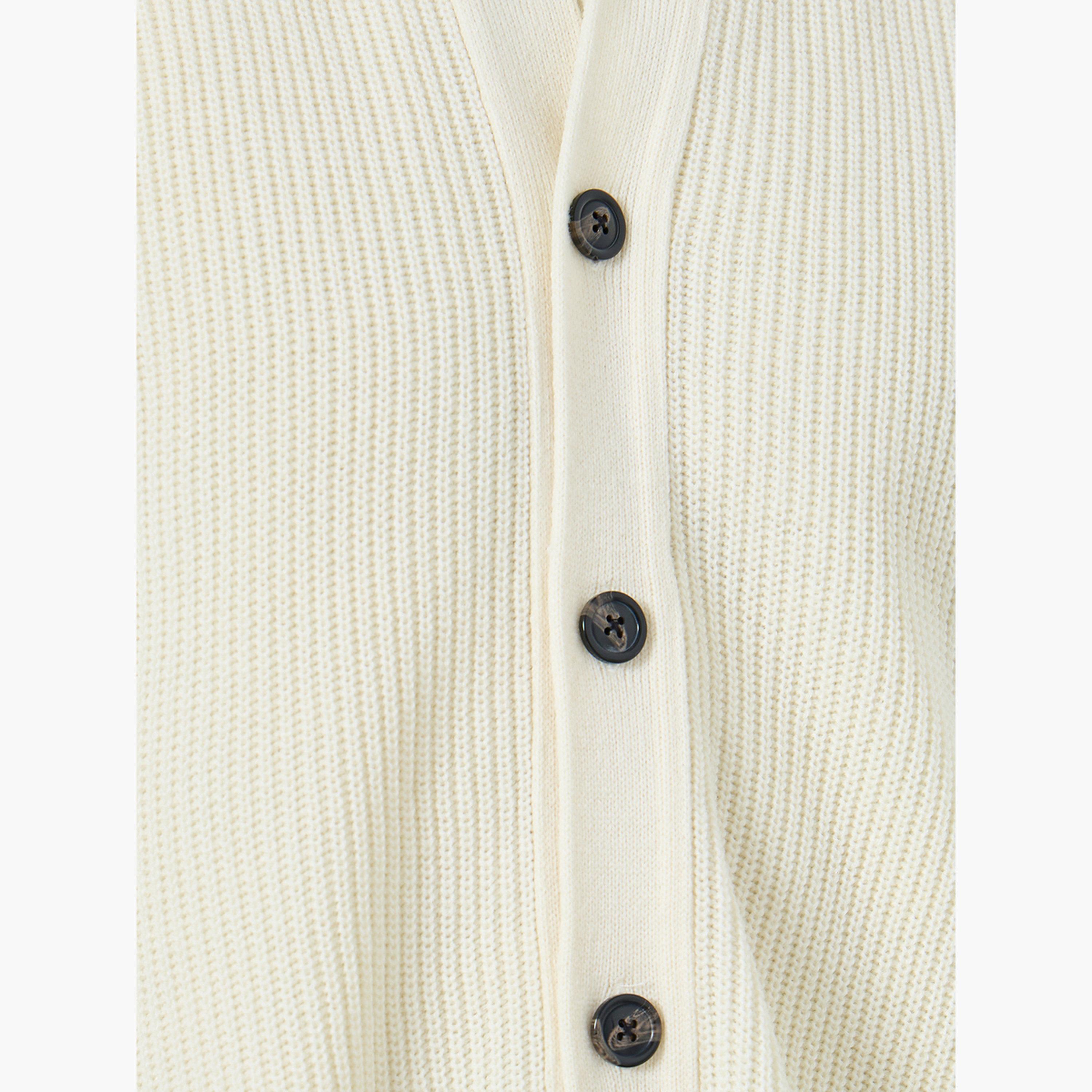 Styli Off White Ribbed Collared Long Sleeves Men's Button Through Cardigan-men-clothing-sweatersandpullovers-image-4