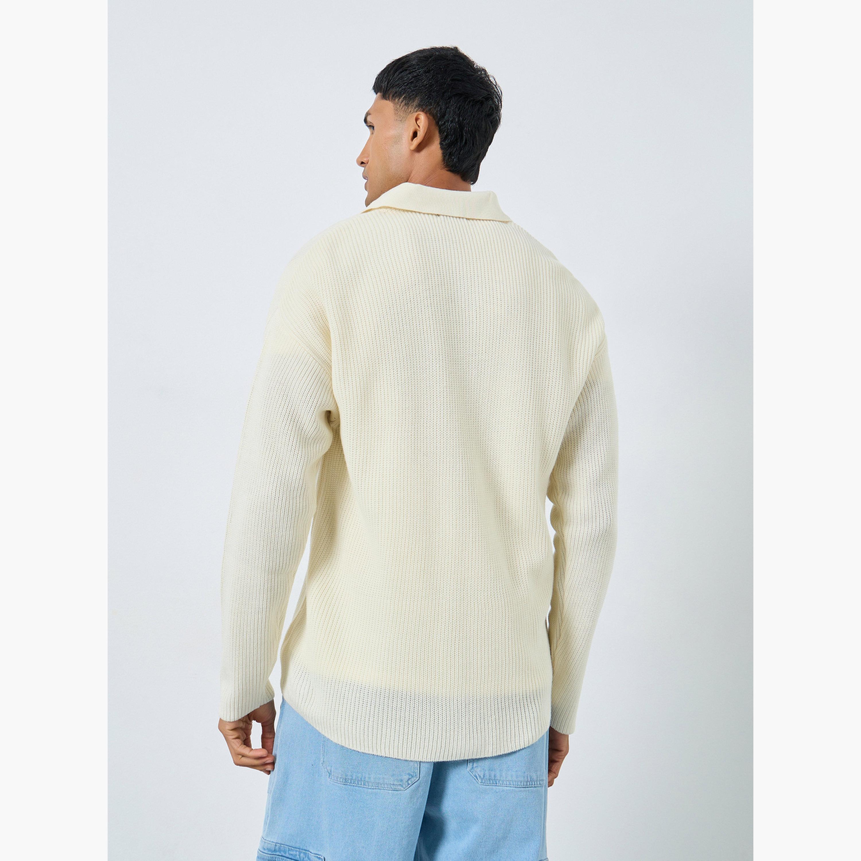 Styli Off White Ribbed Collared Long Sleeves Men's Button Through Cardigan-men-clothing-sweatersandpullovers-image-5