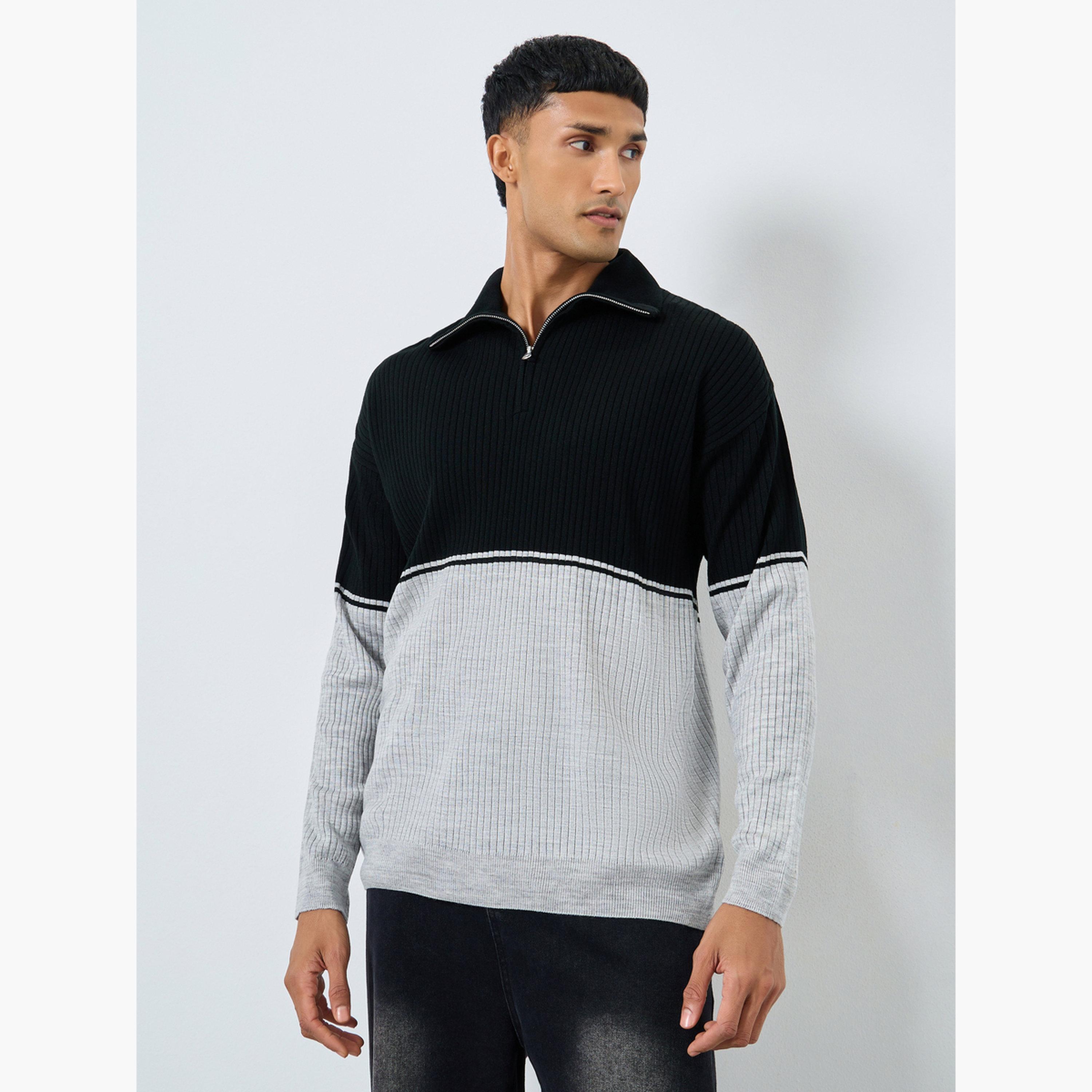 Styli Black Ribbed Collared Long Sleeves Men's Half-Zip Sweater-men-clothing-sweatersandpullovers-image-1
