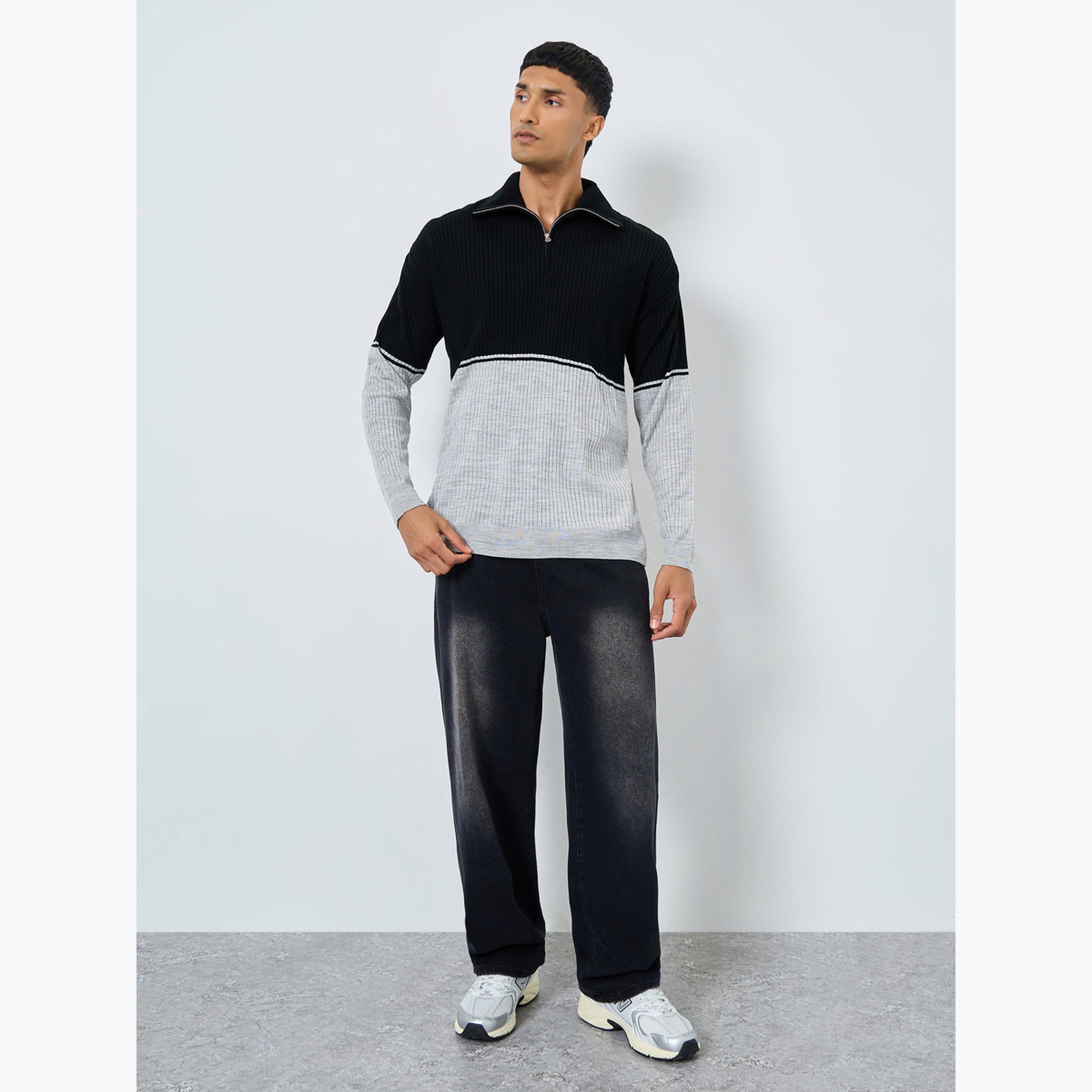 Styli Black Ribbed Collared Long Sleeves Men's Half-Zip Sweater-men-clothing-sweatersandpullovers-image-2