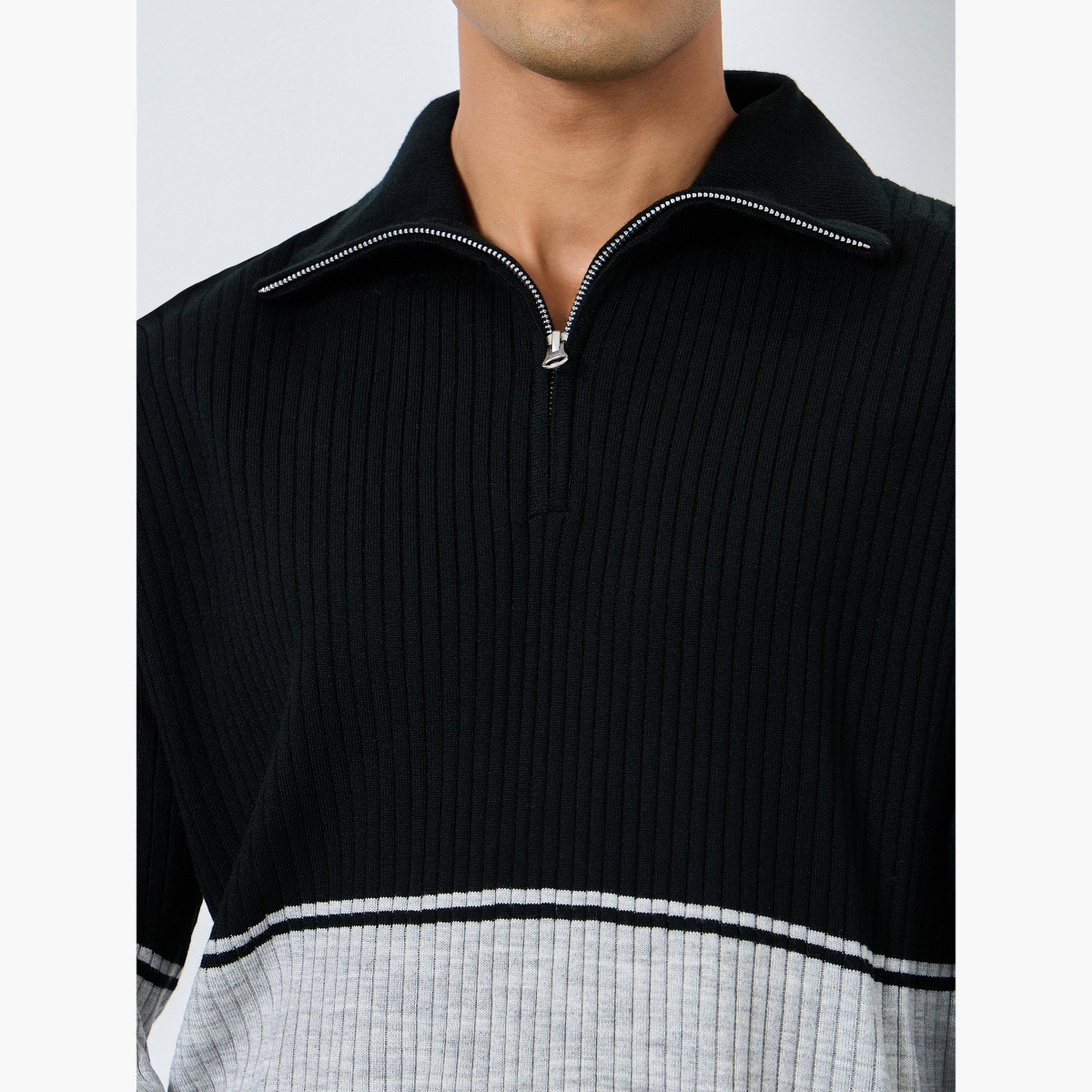 Styli Black Ribbed Collared Long Sleeves Men's Half-Zip Sweater-men-clothing-sweatersandpullovers-image-3
