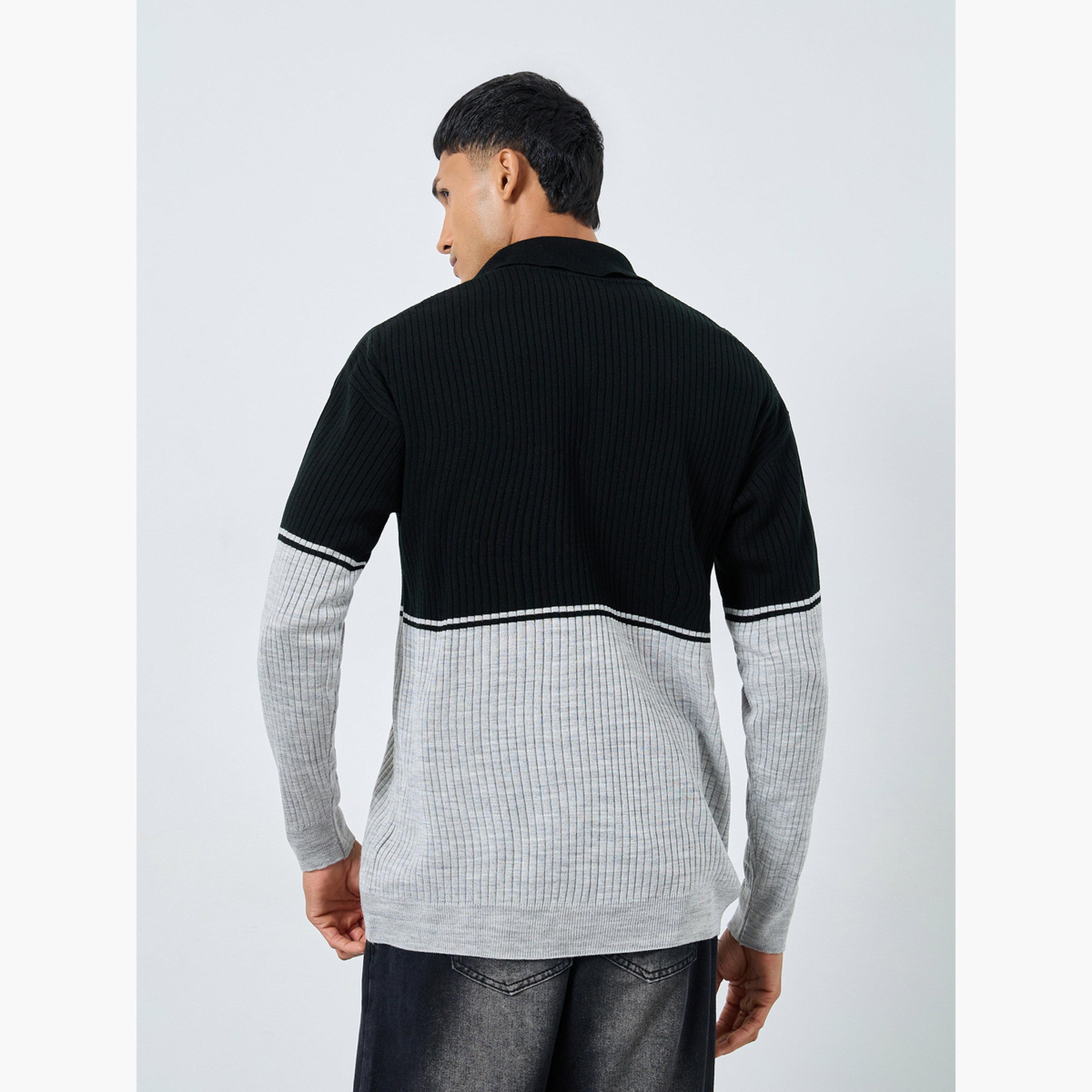 Styli Black Ribbed Collared Long Sleeves Men's Half-Zip Sweater-men-clothing-sweatersandpullovers-image-4