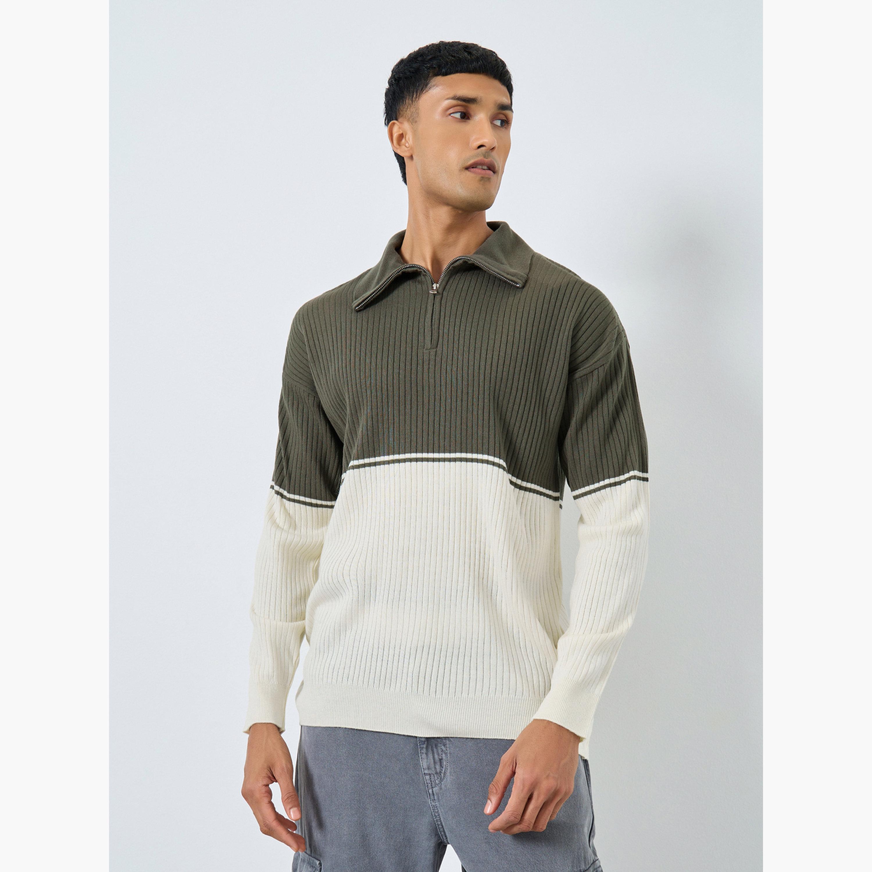 Styli Olive Ribbed Knitted Collared Long Sleeves Men's Half-Zip Sweater-men-clothing-sweatersandpullovers-image-1