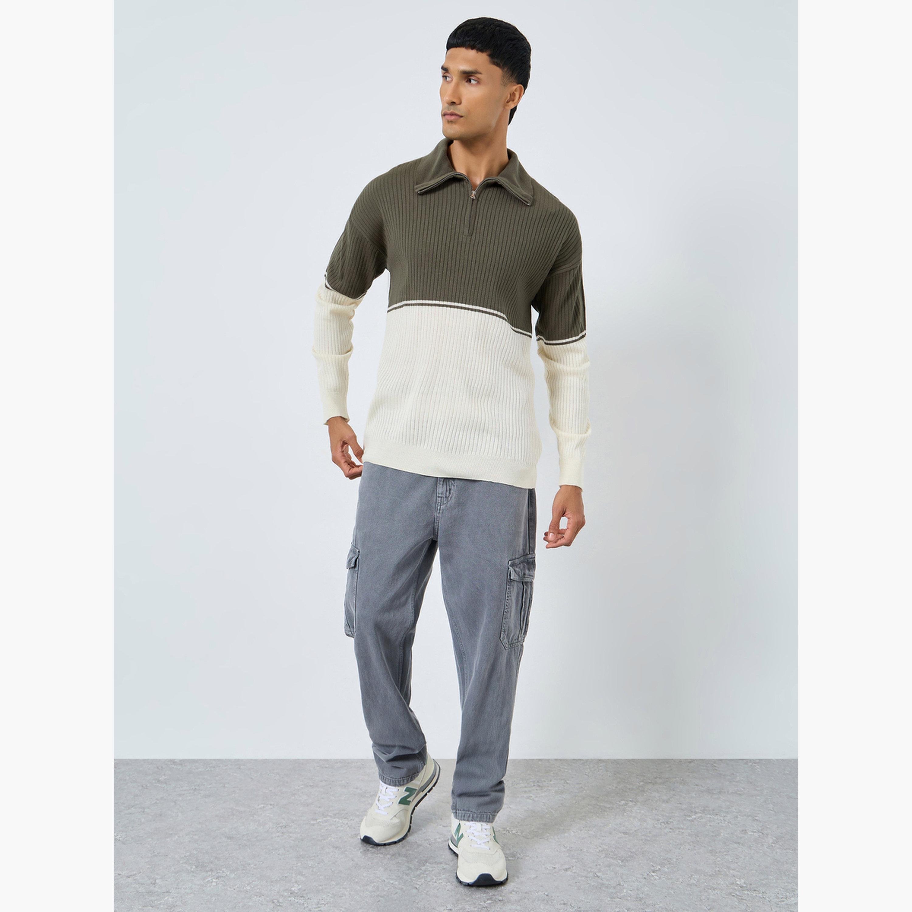 Styli Olive Ribbed Knitted Collared Long Sleeves Men's Half-Zip Sweater-men-clothing-sweatersandpullovers-image-2