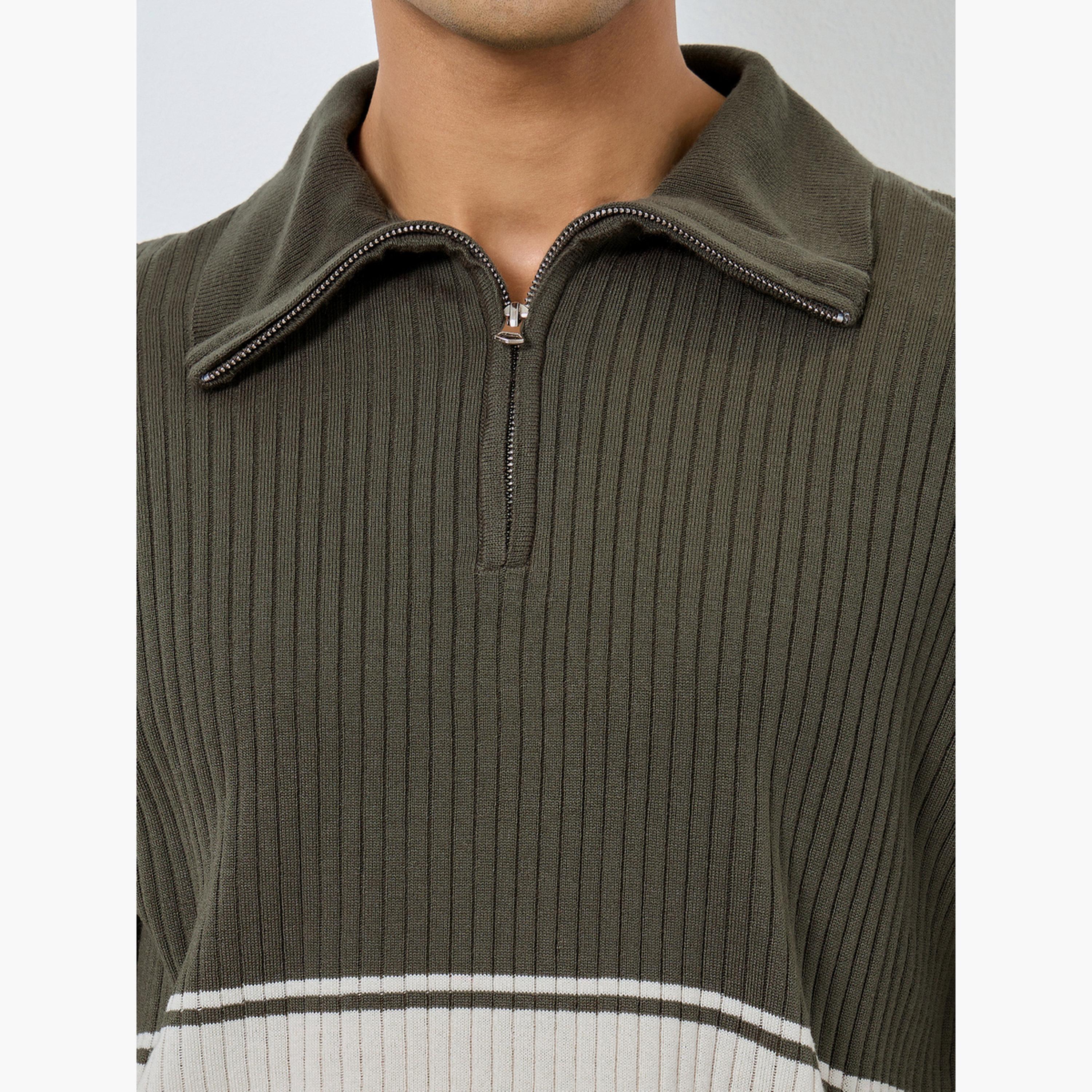 Styli Olive Ribbed Knitted Collared Long Sleeves Men's Half-Zip Sweater-men-clothing-sweatersandpullovers-image-3