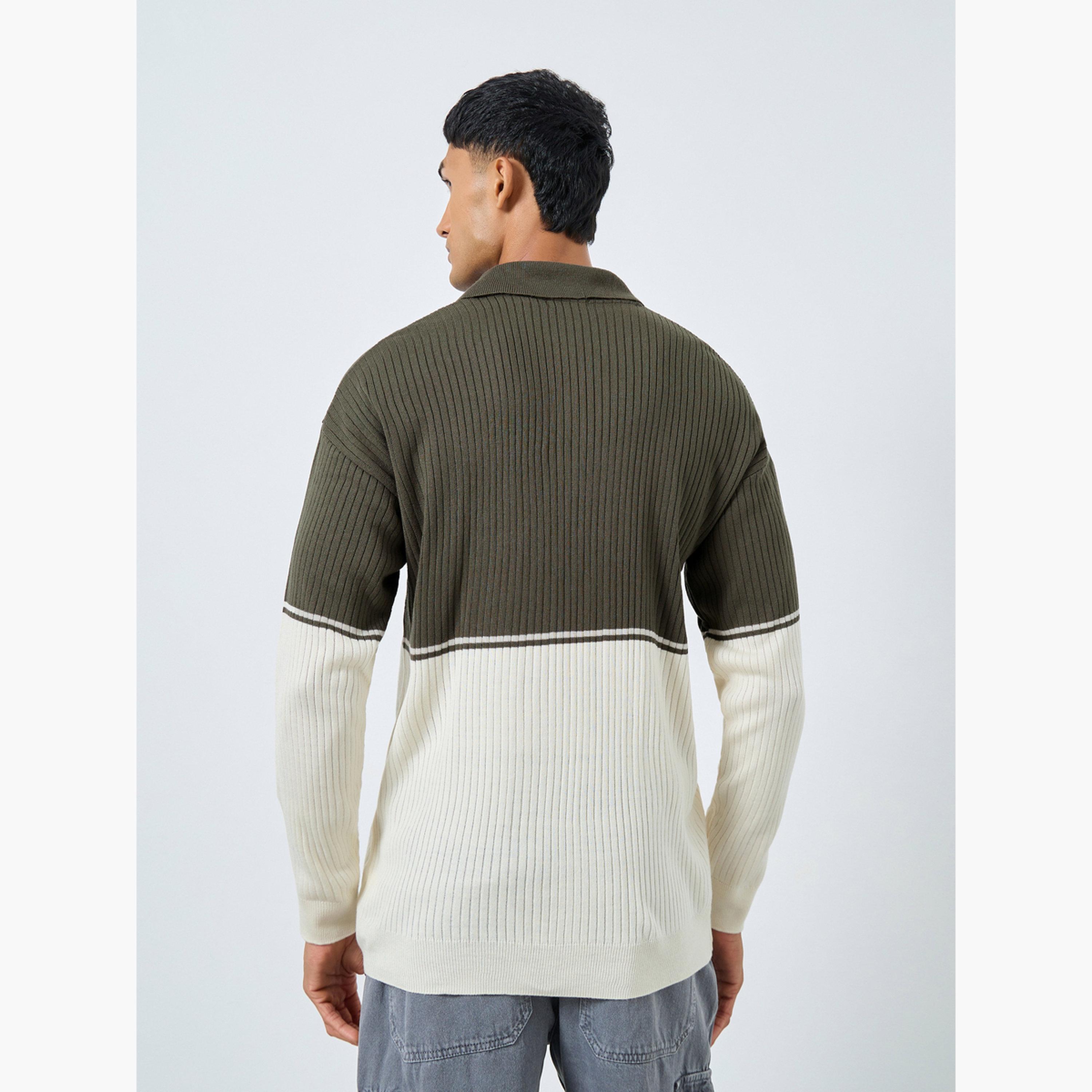 Styli Olive Ribbed Knitted Collared Long Sleeves Men's Half-Zip Sweater-men-clothing-sweatersandpullovers-image-4